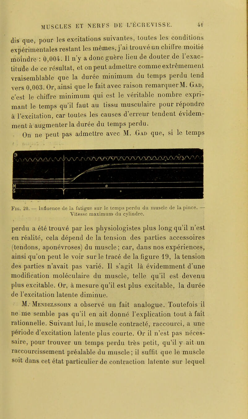 dis que, pour les excitations suivantes, toutes les conditions expérimentales restant les mêmes, j'ai trouvé un chillre moitié moindre : 0,004. Il n'y a donc guère lieu de douter de l'exac- titude de ce résultat, et on peut admettre comme extrêmement vraisemblable que la durée minimum du temps perdu tend vers 0,003. Or, ainsi que le fait avec raison remarquerai. Gad, c'est le chiffre minimum qui est le véritable nombre expri- mant le temps qu'il faut au tissu musculaire pour répondre à l'excitation, car toutes les causes d'erreur tendent évidem- ment à augmenter la durée du temps perdu. On ne peut pas admettre avec M. Gad que, si le temps FiG. 20. — Influence de la fatigue sur le temps pertlu du muscle de la pince. — Vitesse maximum du cylindre. perdu a été trouvé par les physiologistes plus long qu'il n'est en réalité, cela dépend de la tension des parties accessoires (tendons, aponévroses) du muscle; car, dans nos expériences, ainsi qu'on peut le voir sur le tracé de la figure 19, la tension des parties n'avait pas varié. Il s'agit là évidemment d'une modification moléculaire du muscle, telle qu'il est devenu plus excitable. Or, à mesure qu'il est plus excitable, la durée de l'excitation latente diminue. M. Mendelssohn a observé un fait analogue. Toutefois il ne me semble pas qu'il en ait donné l'explication tout à fait rationnelle. Suivant lui, le muscle contracté, raccourci, a une période d'excitation latente plus courte. Or il n'est pas néces- saire, pour trouver un temps perdu très petit, qu'il y ait un raccourcissement préalable du muscle; il suffit que le muscle soit dans cet état particulier de contraction lalente sur lequel