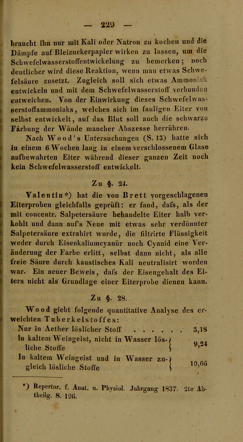 2‘2D braucht ihn nur mit Kali oder Natron zu kochen und die Dämpfe auf Bleizuckerpapier wirken zu lassen, um die Schwefelwasserstoffentwickelung zu bemerken; noch deutlicher wird diese Reaktion, wenn man etwas Schwe- felsäure zusetzt. Zugleich soll sich etwas Ammoniak entwickeln und mit dem Schwefelwasserstoff verbunden entweichen. Von der Einwirkung dieses Schwefelwas- serstoffammoniaks, welches sich im fauligen Eiter von ! selbst entwickelt, auf das Blut soll auch die schwarze Färbung der Wände mancher Abszesse herrühren. Nach Wood’s Untersuchungen (S. 13) hatte sich in einem 6 Wochen lang in einem verschlossenem Glase aufbewahrten Eiter während dieser ganzen Zeit noch keiu Schwefelwasserstoff entwickelt. Zu §. 24. Valentin*) hat die von Brett vorgeschlagenen Eiterproben gleichfalls geprüft: er fand, dafs, als der mit concentr. Salpetersäure behandelte Eiter halb ver- kohlt und dann aufs Neue mit etwas sehr verdünnter Salpetersäure extrahirt wurde, die filtrirte Flüssigkeit weder durch Eisenkaliumcyanür noch Cyanid eine Ver- änderung der Farbe erlitt, selbst dann nicht, als alle freie Säure durch kaustisches Kali neutralisirt worden war. Ein neuer Beweis, dafs der Eisengehalt des Ei- ters nicht als Grundlage einer Eiterprobe dienen kann. Zu §. 2S. Wood giebt folgende quantitative Analyse des er- weichten Tuberkelstoffes: Nur in Aether löslicher Stoff 3,IS ln kaltem Weingeist, nicht in Wasser lös-) liehe Stoffe i In kaltem Weingeist und in Wasser zu-) gleich lösliche Stoffe 1 ’!i> ) Repcrtor. f. Auat. u. Physiol. Jahrgang 1837. *ite Ab- theilg. S. 190.