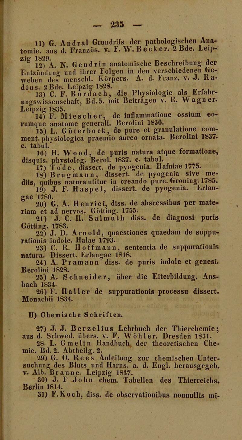 11) G. Andral Grundrifs der pathologischen Ana- tomie. aus d. Franzos, v. F. W. Becker. 2ßde. Leip- zig 1S29. , _ , , 12) A. N. Gendrin anatomische Beschreibung der Entzündung und ihrer Folgen in den verschiedenen Ge- weben des* mensclil. Körpers. A. d. Franz, v. J. Ra- dius. 2 Bde. Leipzig 1S28. . „ . . 13) C. F. Burdach, die Physiologie als Erfahr* ungswissenschaft, Bd.5. mit Beiträgen v. R. Wagner. Leipzig 1835. 14) F. Miesch er, de inflaminatione ossium eo- rumque anatome generali. Berolini 1836. 15) L. Güter bock, de pure et granulatione com- ment. pliysiologica praemio aureo ornata. Berolini 1S37. c. tabul. 16) H. Wood, de puris natura atque formatione, disquis. physiolog. Berol. 1837. c. tabul. 17) Tode, dissert. de pyogenia. Hafniae 1775. 18) Brugmann, dissert. de pyogenia sive me- diis, quibus natura utitur in creando pure. Groning. 1785. 19) J. F. Haspel, dissert. de pyogenia. Erlan- gae 17S0. 20) G. A. Henrici, diss. de abscessibus per mate- riam et ad nervös. Gotting. 1755. 21) J. C. II. Salmuth diss. de diagnosi puris Gotting. 17S3. 22) J. D. Arnold, quaestiones quaedam de suppu- rationis indole. Halae 1793. 23) C. R. H offmann, sententia de suppurationis natura. Dissert. Erlangae 1818. 24) A. Pramanu diss. de puris indole et genesi. Berolini 1S28. 25) A. Schneider, über die Eiterbildung. Ans- bach 1834. 26) F. Haller de suppurationis processu dissert. Monachii 1834. II) Chemische Schriften. 27) J. J. Berzelius Lehrbuch der Thierchemie; aus d. Schwed. übers, v. F. Wohl er. Dresden 1831. 28. L. Gmelin Handbuch der theoretischen Che- mie. Bd. 2. Abtheilg. 2. 29) G. 0. Rees Anleitung zur chemischen Unter- suchung des Bluts und Harns, a. d. Engl, herausgegeb. v. Alb. Braune. Leipzig 1837. 30) «J. F John ehern, Tabellen des Thierreichs. Berlin 1814. 31) F.Koch, diss. de observationibus nonnullis rai-