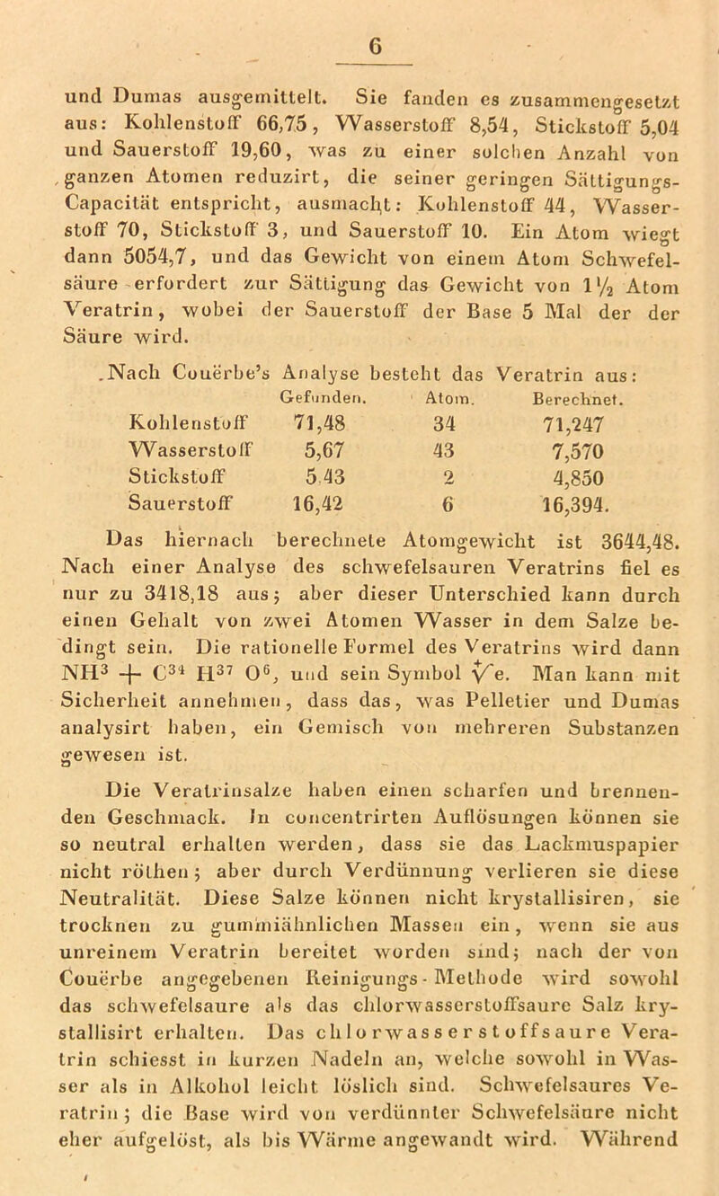 und Dumas ausgemitlelt. Sie fanden es zusammengesetzt aus: Kohlenstoff 66,75, Wasserstoff 8,54, Stickstoff 5,04 und Sauerstoff 19,60, was zu einer solchen Anzahl von ganzen Atomen reduzirt, die seiner geringen Sättigungs- Capacität entspricht, ausmacli,t; Kuhlenstoff 44, Wasser- stoff 70, Stickstoff 3, und Sauerstoff 10. Ein Atom wiegt dann 5054,7, und das Gewicht von einem Atom Schwefel- säure erfordert zur Sättigung das Gewicht von l'/j Atom Veratrin, wobei der Sauerstoff der Base 5 Mal der der Säure wird. .Nach Couerbe’s Analyse besteht das Veratrin aus: Gefunden. Atom Berechnet. Kohlenstoff 71,48 34 71,247 Wasserstoff 5,67 43 7,570 Stickstoff 5.43 2 4,850 Sauerstoff 16,42 6 16,394. Das hiernach berechnete Atomo: ewicht ist 3644. Nach einer Analyse des Schwefelsäuren Veratrins fiel es nur zu 3418,18 aus; aber dieser Unterschied kann durch einen Gehalt von zwei Atomen Wasser in dem Salze be- dingt sein. Die rationelle Formel des Veratrins wird dann NH.3 -}- 0®, und sein Symbol ^'e. Man kann mit Sicherheit annehmen, dass das, was Pelletier und Dumas analysirt haben, ein Gemisch von mehreren Substanzen gewesen ist. Die Veratrinsalze haben einen scharfen und brennen- den Geschmack. In concentrirten Auflösungen können sie so neutral erhalten werden, dass sie das Lackmuspapier nicht röthen; aber durch Verdünnung verlieren sie diese Neutralität. Diese Salze können nicht krystallisiren, sie trocknen zu gumhiiähnliclien Massen ein, wenn sie aus unreinem Veratrin bereitet worden sind; nach der von Couerbe angegebenen Reinigungs - Methode wird sowohl das schwefelsaure als das chlorwasserstoffsaure Salz kry- stallisirt erhalten. Das ch 1 o rwas s e r s t o ff s au r e Vera- trin schiesst in kurzen Nadeln an, welche sowohl in Was- ser als in Alkohol leicht löslich sind. Schwefelsaures Ve- ratrin ; die Base wird von verdünnter Schwefelsäure nicht eher aufgelöst, als bis Wärme angewandt wird. Während /