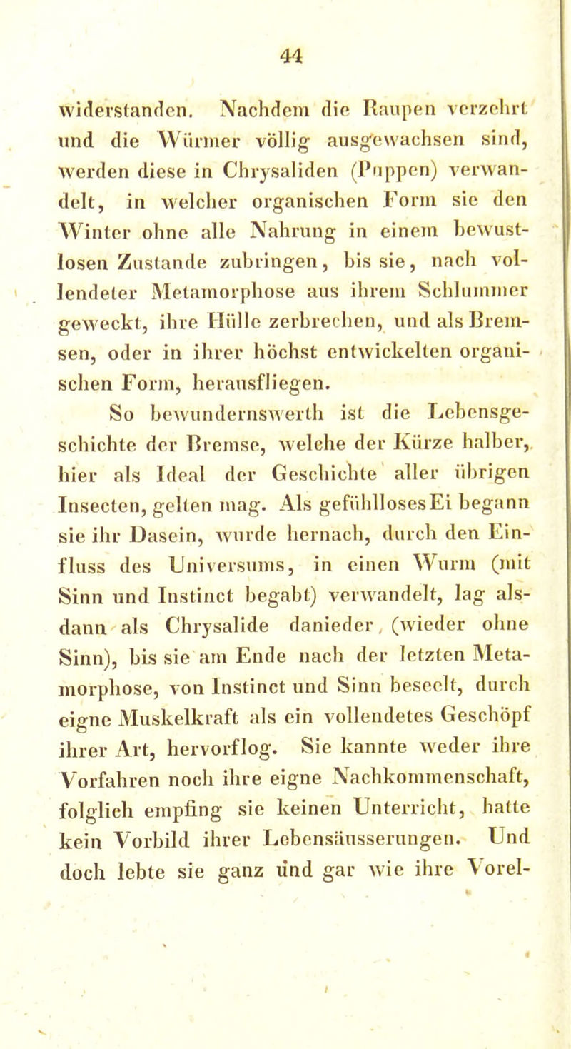 Ad widerstanden. Nachdem die Raupen verzehrt und die Würmer völlig ausgewachsen sind, Werden diese in Chrysaliden (Puppen) verwan- delt, in welcher organischen Form sie den Winter ohne alle Nahrung in einem bewußt- losen Zustande zubringen, bis sie, nach vol- lendeter Metamorphose aus ihrem Schlummer geweckt, ihre Hülle zerbrechen, und als Brem- sen, oder in ihrer höchst entwickelten organi- schen Form, herausfliegen. So bewundernswert!! ist die Lebensge- schichte der Bremse, welche der Kürze halber, hier als Ideal der Geschichte aller übrigen Insecten, gelten mag. Als gefühlloses Ei begann sie ihr Dasein, wurde hernach, durch den Ein- fluss des Universums, in einen Wurm (mit Sinn und Instinct begabt) verwandelt, lag als- dann als Chrysalide danieder (wieder ohne Sinn), bis sie am Ende nach der letzten Meta- morphose, von Instinct und Sinn beseelt, durch eiffne Muskelkraft als ein vollendetes Geschöpf ihrer Art, hervorflog. Sie kannte weder ihre Vorfahren noch ihre eigne Nachkommenschaft, folglich empfing sie keinen Unterricht, hatte kein Vorbild ihrer Lebensäusserungen. Und doch lebte sie ganz lind gar wie ihre Yorel-