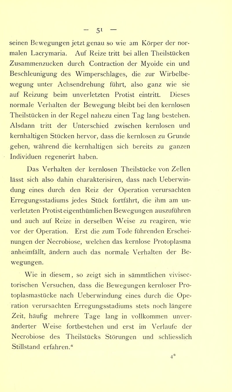 seinen Bewegungen jetzt genau so wie am Körper der nor- malen Lacrymaria. Auf Reize tritt bei allen Theilstücken Zusammenzucken durch Contraction der Myoide ein und Beschleunigung des Wimperschlages, die zur Wirbelbe- wegung unter Achsendrehung führt, also ganz wie sie auf Reizung beim unverletzten Protist eintritt. Dieses normale Verhalten der Bewegung bleibt bei den kernlosen Theilstücken in der Regel nahezu einen Tag lang bestehen. Alsdann tritt der Unterschied zwischen kernlosen und kernhaltigen Stücken hervor, dass die kernlosen zu Grunde gehen, während die kernhaltigen sich bereits zu ganzen Individuen regenerirt haben. Das Verhalten der kernlosen Theilstücke von Zellen lässt sich also dahin charakterisiren, dass nach Ueberwin- dung eines durch den Reiz der Operation verursachten Erregungsstadiums jedes Stück fortfährt, die ihm am un- verletzten Protist eigenthümlichen Bewegungen auszuführen und auch auf Reize in derselben Weise zu reagiren, wie vor der Operation. Erst die zum Tode führenden Erschei- nungen der Necrobiose, welchen das kernlose Protoplasma anheimfällt, ändern auch das normale Verhalten der Be- wegungen. Wie in diesem, so zeigt sich in sämmtlichen vivisec- torischen Versuchen, dass die Bewegungen kernloser Pro- toplasmastücke nach Ueberwindung eines durch die Ope- ration verursachten Erregungsstadiums stets noch längere Zeit, häufig mehrere Tage lang in vollkommen unver- änderter Weise fortbestehen und erst im Verlaufe der Necrobiose des Theilstücks Störungen und schliesslich Stillstand erfahren. 4*
