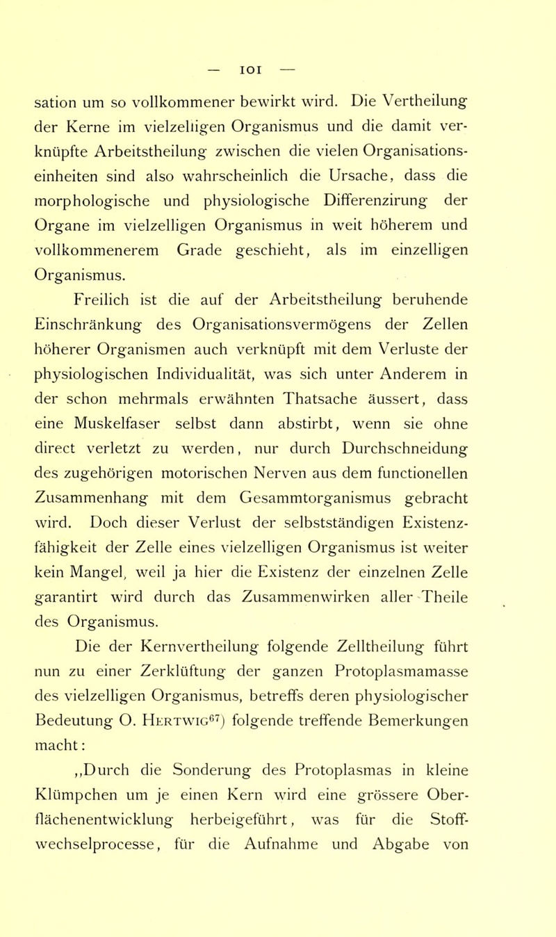 sation um so vollkommener bewirkt wird. Die Vertheilung der Kerne im vielzelligen Organismus und die damit ver- knüpfte Arbeitstheilung zwischen die vielen Organisations- einheiten sind also wahrscheinlich die Ursache, dass die morphologische und physiologische Differenzirung der Organe im vielzelligen Organismus in weit höherem und vollkommenerem Grade geschieht, als im einzelligen Organismus. Freilich ist die auf der Arbeitstheilung beruhende Einschränkung des Organisationsvermögens der Zellen höherer Organismen auch verknüpft mit dem Verluste der physiologischen Individualität, was sich unter Anderem in der schon mehrmals erwähnten Thatsache äussert, dass eine Muskelfaser selbst dann abstirbt, wenn sie ohne direct verletzt zu werden, nur durch Durchschneidung des zugehörigen motorischen Nerven aus dem functionellen Zusammenhang mit dem Gesammtorganismus gebracht wird. Doch dieser Verlust der selbstständigen Existenz- fähigkeit der Zelle eines vielzelligen Organismus ist weiter kein Mangel, weil ja hier die Existenz der einzelnen Zelle garantirt wird durch das Zusammenwirken aller Theile des Organismus. Die der Kernvertheilung folgende Zelltheilung führt nun zu einer Zerklüftung der ganzen Protoplasmamasse des vielzelligen Organismus, betreffs deren physiologischer Bedeutung O. Hertwig67) folgende treffende Bemerkungen macht: Durch die Sonderung des Protoplasmas in kleine Klümpchen um je einen Kern wird eine grössere Ober- flächenentwicklung herbeigeführt, was für die Stoff- wechselprocesse, für die Aufnahme und Abgabe von