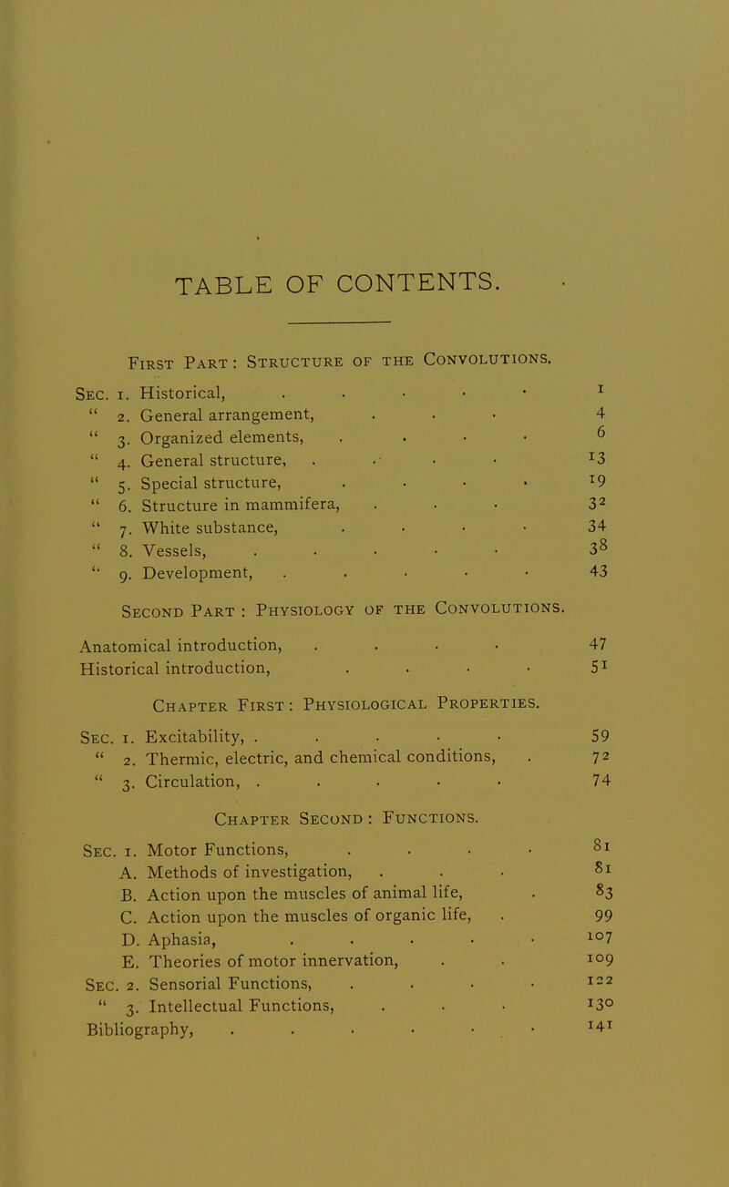 TABLE OF CONTENTS. First Part : Structure of the Convolutions. Sec. I. Historical, . . • • • ^  2. General arrangement, ... 4  3- Organized elements, . . . • 6  4. General structure, . • • ^3  5. Special structure, . • • • ^9  6. Structure in mammifera, . . . 32  7. White substance, .... 34  8. Vessels, ..... 3^ 9. Development, . . ■ • • 43 Second Part : Physiology of the Convolutions. Anatomical introduction, .... 47 Historical introduction, . . . • 5^ Chapter First: Physiological Properties. Sec. I. Excitability, ..... 59  2. Thermic, electric, and chemical conditions, . 72  3. Circulation, ..... 74 Chapter Second : Functions. Sec. I. Motor Functions, A. Methods of investigation, B. Action upon the muscles of animal life, C. Action upon the muscles of organic life, D. Aphasia, . . . ■ E. Theories of motor innervation, Sec. 2. Sensorial Functions,  3. Intellectual Functions, Bibliography, ..... 81 «3 99 107 109 122 130 141