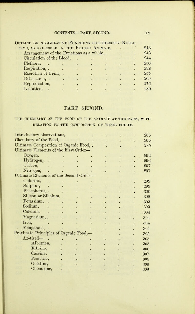 Outline of Assimilative Functions less directly Nutri- tive, AS EXERCISED IN THE HiGHER AnIMALS, . . 243 Arrangement of the Functions as a whole, . . . 243 Circulation of the Blood, ..... 244 Plethora, ....... 250 Respiration, ....... 252 Excretion of Urine, ...... 255 Defaecation, . . . . . . . 269 Reproduction, ...... 276 Lactation, ....... 280 PART SECOND. THE CHEMISTRY OF THE FOOD OF THE ANIMALS AT THE FARM, WITH RELATION TO THE COMPOSITION OF THEIR BODIES. Introductory observations, ..... 285 Chemistry of the Food, ...... 285 Ultimate Composition of Organic Food, .... 285 Ultimate Elements of the First Order— Oxygen, . . . . . . .292 Hydrogen, ....... 296 Carbon, ....... 297 Nitrogen, . . . . . . .297 Ultimate Elements of the Second Order— Chlorine, ....... 299 Sulphur, ....... 299 Phosphorus, .... * . . 300 Silicon or Silicium, ...... 302 Potassium, . . . . . . . 303 Sodium, ....... 303 Calcium, ....... 304 Magnesium, . . . . . . . 304 Iron, ....... 304 Manganese, ....... 304 Proximate Principles of Organic Food,— . . . 305 Azotised— ....... 305 Albumen, ...... 305 Fibrine, ...... 306 Caseine, ...... 307 Proteine, . . . . . . 308 Gelatine, ...... 309 Chondrine, . . . . . . 309