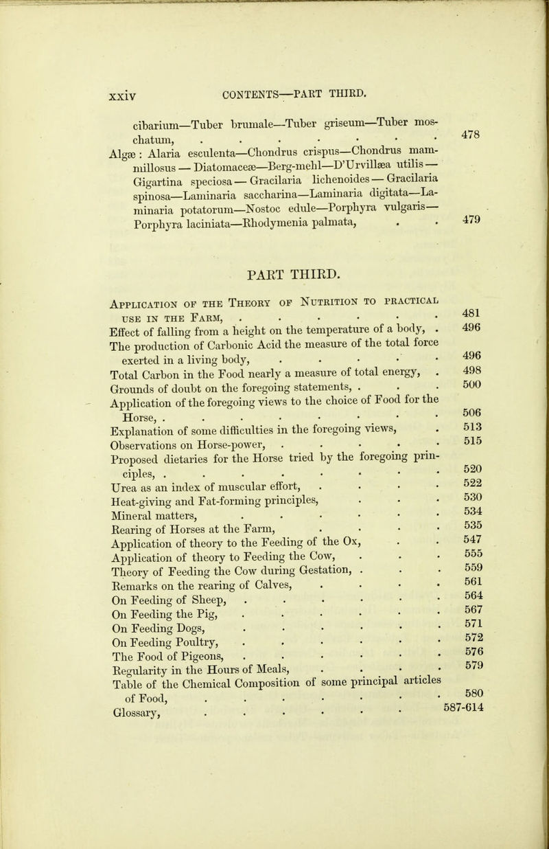 cibarmm—Tuber brumale—Tuber griseum—Tuber mos- chatum, Algae : Alaria esculenta—Chondrus crispus—Chondrus mam- millosus — Diatomacese—Berg-mehl—D'Urvillsea utilis — Gigartina speciosa — Gracilaria lichenoides — Gracilaria spinosa—Laminaria saccharina—Lamiiiaria digitata—La- minaria potatorum—Nostoc edule—Porphyra vulgaris— Porpliyra laciniata—Rbodymenia palmata, 478 479 PAET THIRD. Application of the Theory of Nutrition to practical USE IN THE Farm, . . . • • Effect of falling from a height on the temperature of a body, The production of Carbonic Acid the measure of the total force exerted in a living body, .... Total Carbon in the Food nearly a measure of total energy, Grounds of doubt on the foregoing statements, . Application of the foregoing views to the choice of Food for the Horse, Explanation of some difficulties in the foregoing views, Observations on Horse-power, . . . . Proposed dietaries for the Horse tried by the foregoing prin ciples, Urea as an index of muscular effort, Heat-giving and Fat-forming principles. Mineral matters, . . • • • Rearing of Horses at the Farm, Application of theory to the Feeding of the Ox, Application of theory to Feedmg the Cow, Theory of Feeding the Cow during Gestation, . Remarks on the rearing of Calves, On Feeding of Sheep, On Feeding the Pig, On Feeding Dogs, On Feeding Poultry, The Food of Pigeons, Regularity in the Hours of Meals, Table of the Chemical Composition of of Food, .... Glossary, some principal articles 481 496 496 498 500 506 513 515 520 522 530 534 535 547 555 559 561 564 567 571 572 576 579 580 587-614
