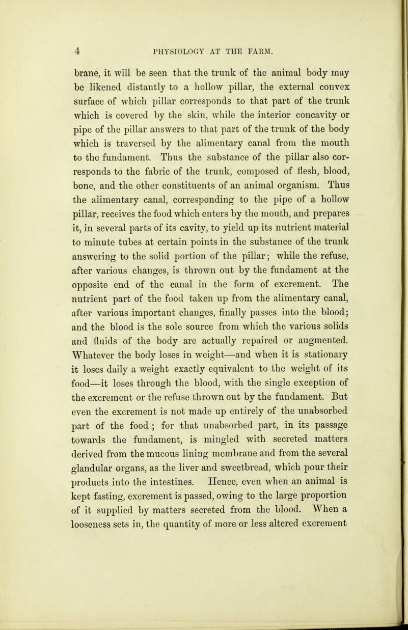 brane, it will be seen that tbe trunk of the animal body may be likened distantly to a hollow pillar, the external convex surface of which pillar corresponds to that part of the trunk which is covered by the skin, while the interior concavity or pipe of the pillar answers to that part of the trunk of the body which is traversed by the alimentary canal from the mouth to the fundament. Thus the substance of the pillar also cor- responds to the fabric of the trunk, composed of flesh, blood, bone, and the other constituents of an animal organism. Thus the alimentary canal, corresponding to the pipe of a hollow pillar, receives the food which enters by the mouth, and prepares it, in several parts of its cavity, to yield up its nutrient material to minute tubes at certain points in the substance of the trunk answering to the solid portion of the pillar; while the refuse, after various changes, is thrown out by the fundament at the opposite end of the canal in the form of excrement. The nutrient part of the food taken up from the alimentary canal, after various important changes, finally passes into the blood; and the blood is the sole source from which the various solids and fluids of the body are actually repaired or augmented. Whatever the body loses in weight—and when it is stationary it loses daily a weight exactly equivalent to the weight of its food—it loses through the blood, with the single exception of the excrement or the refuse thrown out by the fundament. But even the excrement is not made up entirely of the unabsorbed part of the food ; for that unabsorbed part, in its passage towards the fundament, is mingled with secreted matters derived from the mucous lining membrane and from the several glandular organs, as the liver and sweetbread, which pour their products into the intestines. Hence, even when an animal is kept fasting, excrement is passed, owing to the large proportion of it supplied by matters secreted from the blood. When a looseness sets in, the quantity of more or less altered excrement