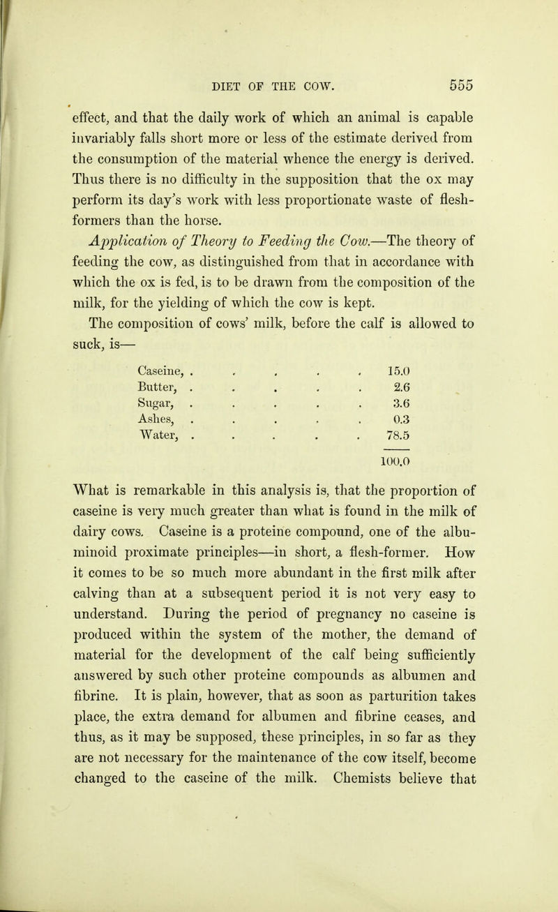 effect, and that the daily work of which an animal is capable invariably falls short more or less of the estimate derived from the consumption of the material whence the energy is derived. Thus there is no difficulty in the supposition that the ox may perform its day's work with less proportionate waste of flesh- formers than the horse. A2^plicat{on of Theory to Feeding the Cow.—The theory of feeding the cow, as distinguished from that in accordance with which the ox is fed, is to be drawn from the composition of the milk, for the yielding of which the cow is kept. The composition of cows' milk, before the calf is allowed to suck, is— Caseine, . . . . .15.0 Butter, . . . . .2.6 Sugar, . . . . . 3.6 Ashes, ..... 0.3 Water, . . . . .78.5 100.0 What is remarkable in this analysis is, that the proportion of caseine is very much greater than what is found in the milk of dairy cows. Caseine is a proteine compound, one of the albu- minoid proximate principles—in short, a flesh-former. How it comes to be so much more abundant in the first milk after calving than at a subsequent period it is not very easy to understand. During the period of pregnancy no caseine is produced within the system of the mother, the demand of material for the development of the calf being sufficiently answered by such other proteine compounds as albumen and fibrine. It is plain, however, that as soon as parturition takes place, the extra demand for albumen and fibrine ceases, and thus, as it may be supposed, these principles, in so far as they are not necessary for the maintenance of the cow itself, become changed to the caseine of the milk. Chemists believe that