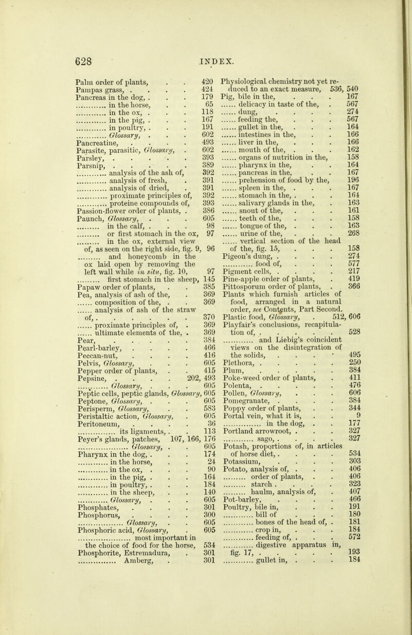 Palin order of plants, Pampas grass, . Pancreas in the dog, . in the horse, in the ox, . in the pig, . in poultry, . Glossary, , Pancreatine, Parasite, parasitic, Glossa Parsley, Parsnip, analysis of the ash of, analysis of fresh, analysis of dried, proximate principles of, proteine compounds of. Passion-flower order of plants, . Paunch, Glossary, in the calf, . or first stomach in the ox, in the ox, external view of, as seen on the right side, fig. 9, and honeycomb in the ox laid open by removing the left wall while in situ, fig. 10, first stomach in the sheep, Papaw order of plants. Pea, analysis of ash of the, composition of the, . analysis of ash of the straw of,. . . . . proximate principles of, ultimate elements of the, Pear, . . . Pearl-barley, Peccan-nut, Pelvis, Glossary, Pepper order of plants, Pepsine, .... .....^ Glossary, . Peptic cells, peptic glands, Glos. Peptone, Glossary, . Perisperm, Glossary, Peristaltic action. Glossary, Peritoneum, its ligaments, . Peyer's glands, patches, 107, Glossary, . Pharynx in the dog, . in the horse, in the ox, . in the pig, . in poultry, . in the sheep, Glossary, Phosphates, Phosphorus, Glossary, Phosphoric acid, Glossary, most important in the choice of food for the horse. Phosphorite, Estremadura, Araberg, 420 424 179 65 118 167 191 602 493 602 393 389 392 391 391 392 393 386 605 98 97 96 Physiological chemistry not yet re- duced to an exact measure, 536, 540 Pig, bile in the. 167 567 274 567 164 166 166 162 158 164 167 196 167 164 163 161 158 163 268 head 97 145 385 369 369 370 369 369 384 466 416 605 415 202, 493 605 sari/, 605 ■ 605 583 605 36 113 166, 176 605 174 24 90 164 184 140 605 301 300 605 605 534 301 301 158 274 577 217 419 366 delicacy in taste of the, dung, . . feeding the, gullet in the, intestines in the, liver in the, mouth of the, . organs of nutrition in the, pharynx in the, pancreas in the, prehension of food by the, spleen in the, . stomach in the, . salivary glands in the, snout of the, teeth of the, tongue of the, . u.rine of the, vertical section of the of the, fig. 15, Pigeon's dung, .... food of, . Pigment cells, .... Pine-apple order of plants, Pittosporum order of plants. Plants which furnish articles of food, arranged in a natural order, see Contents, Part Second. Plastic food. Glossary, . 512, 606 Playfair's conclusions, recapitula- tion of, . and Liebig's coincident views on the disintegration of the solids. Plethora, .... Plum, .... Poke-weed order of plants. Polenta, .... Pollen, Glossary, Pomegranate, . Poppy order of plants, Portal vein, what it is, in the dog, . Portland arrowroot, . sago, . . . _ Potash, proportions of, in articles of horse diet,. Potassium, Potato, analysis of, . order of plants, starch . haulm, analysis of. Pot-barley, Poultry, bile in, bill of bones of the head of, fig- 17, crop m, feeding of, . digestive apparatus gullet in, . 528 495 250 384 411 476 606 384 344 9 177 327 327 534 303 406 406 323 407 466 191 180 181 184 572 193 184