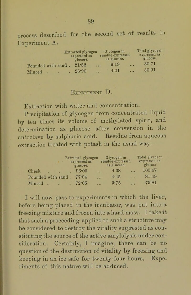 process described for tbe second set of results in Experiment A. Extracted glycogen expressed as glucose. Pounded with sand . 21*52 Minced . . • 26*90 Glycogen in residue expressed as glucose. 9*19 4*01 Total glycogen expressed as glucose. 30-71 30-91 Experiment D. Extraction with, water and concentration. Precipitation of glycogen from concentrated liquid by ten times its volume of methylated spirit, and determination as glucose after conversion in the autoclave by sulphuric acid. Residue from aqueous extraction treated with potash in the usual way. Extracted glycogen Glycogen in Total glycogen expressed as residue expressed expressed as glucose. as glucose. glucose. Check . . . 96-09 ... 4-38 ... 100-47 Pounded with sand. 77'04 ... 4-45 ... 8149 Minced . . . 72'06 ... 3‘75 ... 75-81 I will now pass to experiments iu which the liver, before being placed in the incubator, was put into a freezing mixture and frozen into a bard mass. I take it that such a proceeding applied to such a structure may be considered to destroy the vitality suggested as con- stituting the source of the active amylolysis under con- sideration. Certainly, I imagine, there can be no question of tbe destruction of vitality by freezing and keeping in an ice safe for twenty-four bours. Expe- riments of this nature will be adduced.