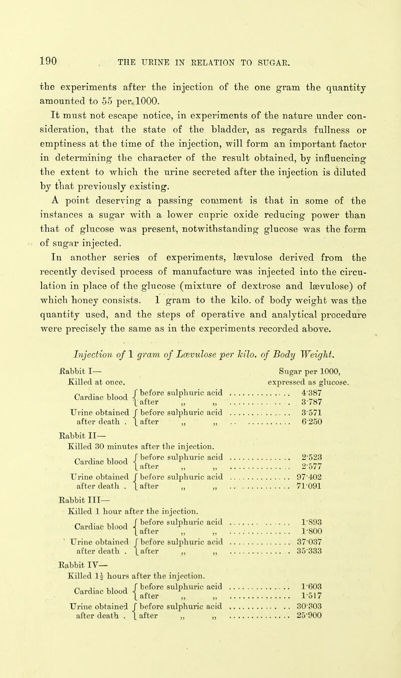 the experiments after the injection of the one gram the qiiantity amounted to 55 per-1000. It must not escape notice, in experiments of the nature under con- sideration, that the state of the bladder, as regards fullness or emptiness at the time of the injection, will form an important factor in determining the character of the result obtained, by influencing the extent to which the urine secreted after the injection is diluted by that previously existing. A point deserving a passing comment is that in some of the instances a sugar with a lower cnpric oxide reducing power than that of glucose was present, notwithstanding glucose was the form of sugar injected. In another series of experiments, laevulose derived from the recently devised process of manufacture was injected into the circu- lation in place of the glucose (mixture of dextrose and IjEvulose) of which honey consists. I gram to the kilo, of body weight was the quantity used, and the steps of operative and analytical procedure were precisely the same as in the experiments recorded above. Injection of 1 gram of Lceviilose per kilo, of Body Weight. Eabbit I— Sugar per 1000, Killed at once. expressed as glucose. ^ T , 1 before sulphuric acid 4 387 (Jardiac blood i o -o^r Urine obtained J before sulphuric acid 3'571 after death . \ after „ „ 6 250 Eabbit II— Killed 30 minutes after the injection. ^ J. 1 r before sulphuric acid 2'523 Cardiac blood ■{ r, ^ c -i-^ 1^ after ,, ,, 2'o77 Urine obtained J before sulphuric acid 07'402 after death . \ after „ „ 71-091 Eabbit Ill- Killed 1 hour after the injection. /-IT 1.1 1 f before sulphuric acid 1893 Cardiac blood i c,- i .ono [after ,, 1'800 Urine obtained J before sulphuric acid 37 037 after death . \ after „ „ 35 333 Eabbit IV— Killed 1^ hours after the injection. 1 003 1-517 Urine obtained / before sulphuric acid 30 303 after death . \i\hci- „ „ 25-900 ^ J. ,1 J r before sulphuric acid Cardiac blood < „, ' [ after ,, ,,