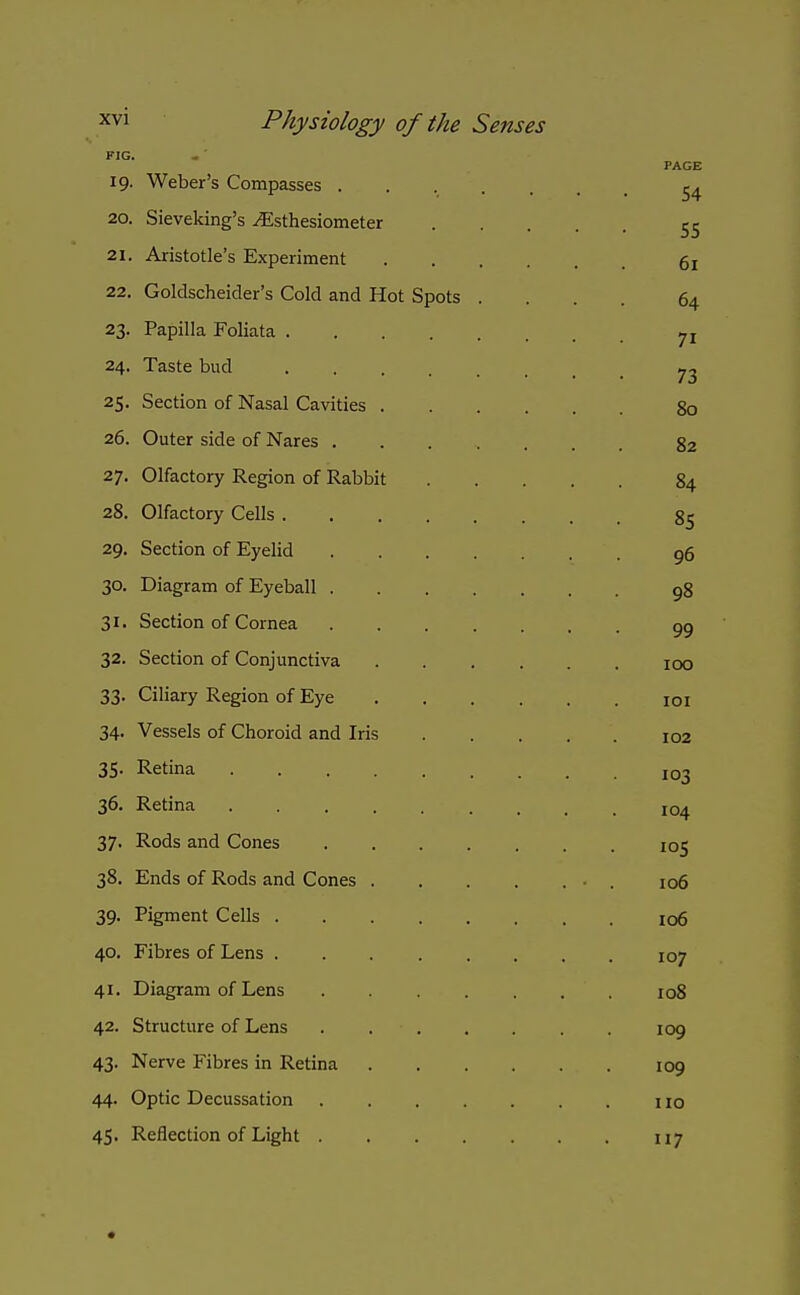 PIG. PAGE 19. Weber's Compasses ^4 20. Sieveking's ^sthesiometer 21. Aristotle's Experiment 61 22. Goldscheider's Cold and Hot Spots .... 64 23. Papilla Foliata 24. Taste bud ^2 25. Section of Nasal Cavities go 26. Outer side of Nares ....... 82 27. Olfactory Region of Rabbit 84 28. Olfactory Cells 85 29. Section of Eyelid g6 30. Diagram of Eyeball 98 31. Section of Cornea 32. Section of Conjunctiva 100 33. Ciliary Region of Eye loi 34. Vessels of Choroid and Iris 102 35. Retina 103 36. Retina 104 37. Rods and Cones 105 38. Ends of Rods and Cones . 106 39. Pigment Cells 106 40. Fibres of Lens 107 41. Diagram of Lens ....... 108 42. Structure of Lens 109 43. Nerve Fibres in Retina 109 44. Optic Decussation no 45. Reflection of Light 117