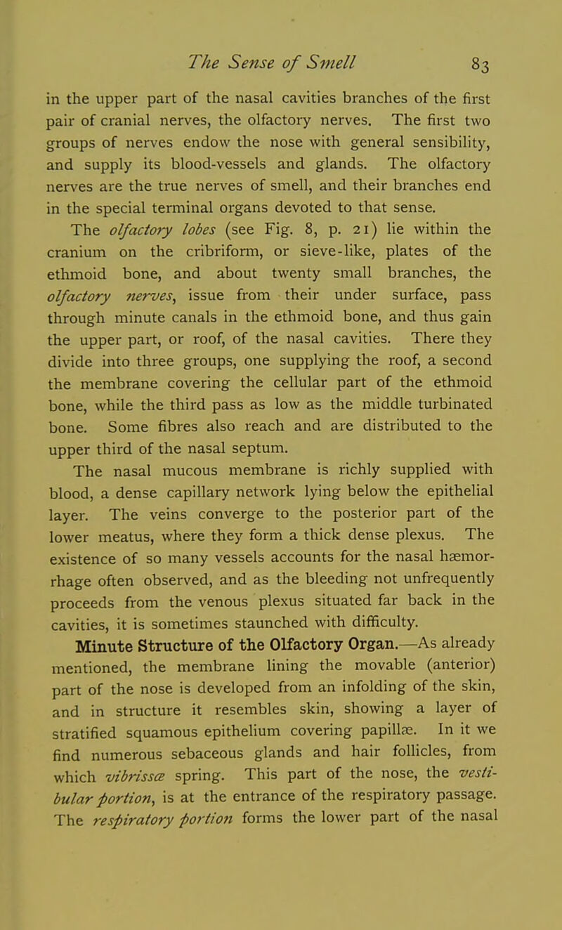 in the upper part of the nasal cavities branches of the first pair of cranial nerves, the olfactory nerves. The first two groups of nerves endow the nose with general sensibility, and supply its blood-vessels and glands. The olfactory nerves are the true nerves of smell, and their branches end in the special terminal organs devoted to that sense. The olfactory lobes (see Fig. 8, p. 21) lie within the cranium on the cribriform, or sieve-like, plates of the ethmoid bone, and about twenty small branches, the olfactory nerves, issue from their under surface, pass through minute canals in the ethmoid bone, and thus gain the upper part, or roof, of the nasal cavities. There they divide into three groups, one supplying the roof, a second the membrane covering the cellular part of the ethmoid bone, while the third pass as low as the middle turbinated bone. Some fibres also reach and are distributed to the upper third of the nasal septum. The nasal mucous membrane is richly supplied with blood, a dense capillary network lying below the epithelial layer. The veins converge to the posterior part of the lower meatus, where they form a thick dense plexus. The existence of so many vessels accounts for the nasal haemor- rhage often observed, and as the bleeding not unfrequently proceeds from the venous plexus situated far back in the cavities, it is sometimes staunched with difficulty. Minute Structure of the Olfactory Organ.—As already mentioned, the membrane lining the movable (anterior) part of the nose is developed from an infolding of the skin, and in structure it resembles skin, showing a layer of stratified squamous epithelium covering papillae. In it we find numerous sebaceous glands and hair follicles, from which vibrisscs spring. This part of the nose, the vesti- bular portion, is at the entrance of the respiratory passage. The respiratory portion forms the lower part of the nasal