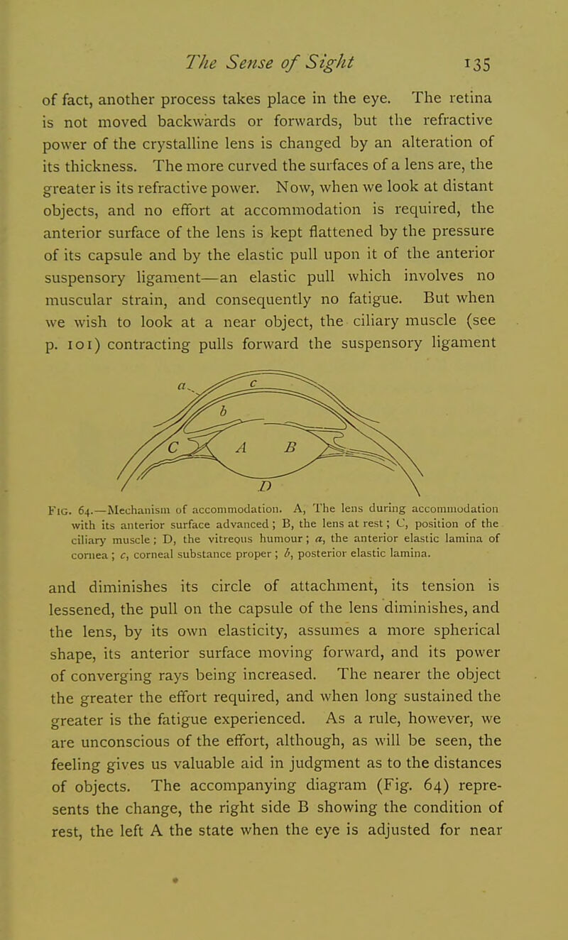 of fact, another process takes place in the eye. The retina is not moved backwards or forwards, but the refractive power of the crystalHne lens is changed by an alteration of its thickness. The more curved the surfaces of a lens are, the greater is its refractive power. Now, when we look at distant objects, and no effort at accommodation is required, the anterior surface of the lens is kept flattened by the pressure of its capsule and by the elastic pull upon it of the anterior suspensory ligament—an elastic pull which involves no muscular strain, and consequently no fatigue. But when we wish to look at a near object, the ciliary muscle (see p. 101) contracting pulls forward the suspensory ligament Fig. 64.—Mechanism of accommodation. A, The lens during accommodation with its anterior surface advanced; B, the lens at rest; C, position of the ciliary muscle; D, the vitreous humour; a, the anterior elastic lamina of cornea ; c, corneal substance proper ; posterior elastic lamina. and diminishes its circle of attachment, its tension is lessened, the pull on the capsule of the lens diminishes, and the lens, by its own elasticity, assumes a more spherical shape, its anterior surface moving forward, and its power of converging rays being increased. The nearer the object the greater the effort required, and when long sustained the greater is the fatigue experienced. As a rule, however, we are unconscious of the effort, although, as will be seen, the feeling gives us valuable aid in judgment as to the distances of objects. The accompanying diagram (Fig. 64) repre- sents the change, the right side B showing the condition of rest, the left A the state when the eye is adjusted for near