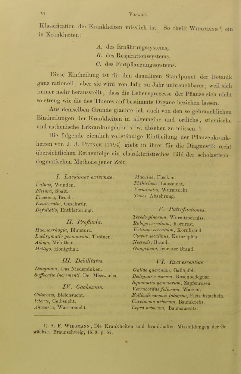 Klassificatiou der Krankheiten misslich ist. So theilt Wikgmann'j ein in Krankheiten: A. des Ernährungssystems, B. des Respirationssystems, C. des Fortpflanzungssystems. Diese Eintheilung ist für den damaHgen Standpunct der Hotanik ganz rationell, aber sie wird von Jahr zu Jahr unbrauchbarer, weil sich immer mehr herausstellt, dass die Lebensprocesse der Pflanze sich nicht so streng wie die des Thieres auf bestimmte Organe beziehen lassen. Aus demselben Grunde glaubte ich auch von den so gebräuchlichen Eintheilungen der Krankheiten in allgemeine und örtliche, sthenische und asthenische Erkrankungen u. s. w. absehen zu müssen, v- Die folgende ziemlich vollständige Eintheilung der Pflanzenkrank- heiten von J. J. Plenck (1794) giebt in ihrer für die Diagnostik recht übersichtlichen Reihenfolge ein charakteristisches liild der scholastisch- dogmatischen Methode jener Zeit: /. Laesiones externae. Viilnus, Wunden. Fissura, Spalt. Fractura, Bruch. Exulceratio, Geschwür. Defoliatio, Entblätterung. //. Proßuvia. Haemorrhagia, Bhitsturz. Lachrymatio gemmai'um, Thränen. Albigo, Mehlthau. Melligo, Honigthau. III. Debilitates. Deliquiuin, Das Niedersinken. Suffocatio incre.me7iti, Der Misswachs. IV. Cachexiae. Chlorosis, Bleichsucht. Icterus, Gelbsucht. Anasarca, Wassersucht. Maculae, Flecken. Fhthiriasis, T.aussucht. Verminatio, Wurmsucht. Tabes, Abzehrung. V. Putrefactiones. Teredo pinonmi, Wurmtrockniss. Fubigo cerealium, Kornrost. Ustilago cerealium, Kornbrand. Clavus secalinus, Kornzapfen. Necrosis, Brand. Gangraena, feuchter Brand. VI. Excrescentiae. Gallae quercuum, Galläpfel. Bedeguar rosarum, Rosenbedeguar. Sqitamatio gemtnarum, Zapfenrosen. Vernccositas folionim, N^'arzen. Folliculi carnosi foliorum, Fleischstacheln. Carcinoma arborum, Baumkrebs. Lepra arborum, Baumaussatz. 1) A. F. Wiegmann, Die Krankheiten und krankhaften Missbildungen der Ge- wächse. Braunschweig, 1839. p. 57.