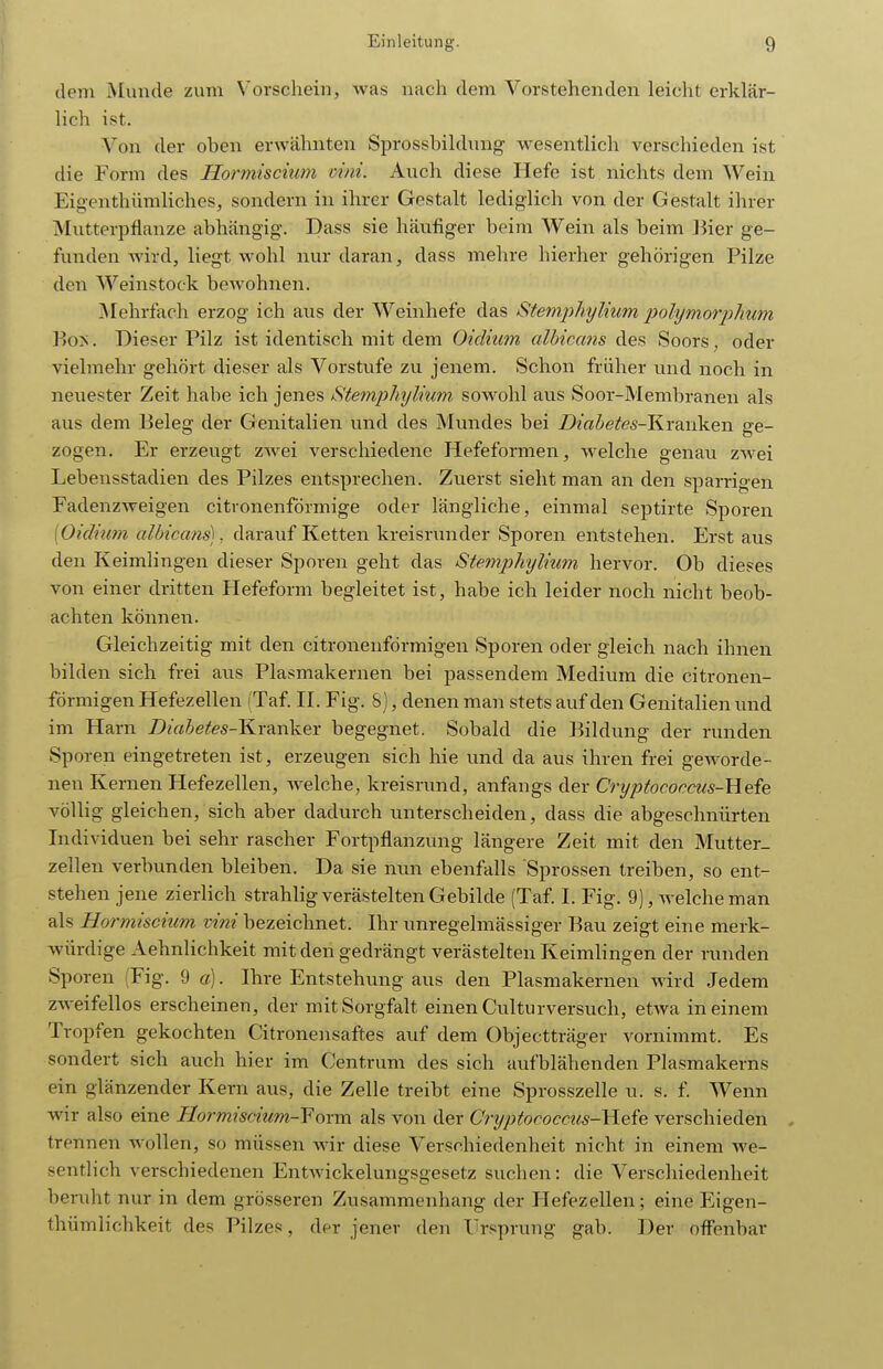 dem Munde zum Vorschein, was nach dem Vorstehenden leicht erklär- lich ist. Von der oben erwähnten Sprossbildung wesentlich verschieden ist die Form des Hormiscüm oini. Auch diese Hefe ist nichts dem Wein Eigenthiimliches, sondern in ihrer Gestalt lediglich von der Gestalt ihrer Mutterpflanze abhängig. Dass sie häufiger beim Wein als beim liier ge- funden Avird, liegt wohl nur daran, dass mehre hierher gehörigen Pilze den AVeinstock bewohnen. Mehrfach erzog ich aus der Weinhefe das Stemphylium polymor2:>lium ]>o^. Dieser Pilz ist identisch mit dem Oidium albicans des Soors, oder vielmehr gehört dieser als Vorstufe zu jenem. Schon früher und noch in neuester Zeit habe ich jenes Stemphylium sowohl aus Soor-Membranen als aus dem Beleg der Genitalien und des Mundes bei i)mZiefes-Kranken ge- zogen. Er erzeugt zwei verschiedene Hefeformen, welche genau zwei Lebeusstadien des Pilzes entsprechen. Zuerst sieht man an den sparrigen PadenzAveigen citronenförmige oder längliche, einmal septirte Sporen [Oidium albicans), darauf Ketten kreisrunder Sporen entstehen. Erst aus den Keimlingen dieser Sporen geht das Stemphylium hervor. Ob dieses von einer dritten Hefeform begleitet ist, habe ich leider noch nicht beob- achten können. Gleichzeitig mit den citronenförmigen Sporen oder gleich nach ihnen bilden sich frei aus Plasmakernen bei passendem Medium die citronen- förmigen Hefezellen (Taf. II. Fig. 8), denen man stets auf den Genitalien und im Harn Dm^e^fes-Kranker begegnet. Sobald die Bildung der runden Sporen eingetreten ist, erzeugen sich hie und da aus ihren frei geworde- nen Kernen Hefezellen, welche, kreisrund, anfangs der Cryptococcus-Weie völlig gleichen, sich aber dadurch unterscheiden, dass die abgeschnürten Individuen bei sehr rascher Fortpflanzung längere Zeit mit den Mutter- Zellen verbunden bleiben. Da sie nun ebenfalls Sprossen treiben, so ent- stehen jene zierlich strahlig verästelten Gebilde (Taf. I. Fig. 9), welche man als Hormisciiim vini bezeichnet. Ihr unregelmässiger Bau zeigt eine merk- würdige Aehnlichkeit mit den gedrängt verästelten Keimlingen der runden Sporen (Fig. 9 a). Ihre Entstehung aus den Plasmakernen wird Jedem zweifellos erscheinen, der mit Sorgfalt einen Culturversuch, etwa in einem Tropfen gekochten Citronensaftes auf dem Objectträger vornimmt. Es sondert sich auch hier im Centrum des sich aufblähenden Plasmakerns ein glänzender Kern aus, die Zelle treibt eine Sprosszelle u. s. f. Wenn wir also eine Hormiscium-Form als von der Cryptococctis-Hefe verschieden , trennen wollen, so müssen wir diese Verschiedenheit nicht in einem we- sentlich verschiedenen Entwickelungsgesetz suchen: die Verschiedenheit beruht nur in dem grösseren Zusammenhang der Hefezellen; eine Eigen- thümlichkeit des Pilzes, der jener den Trsprung gab. Der offenbar