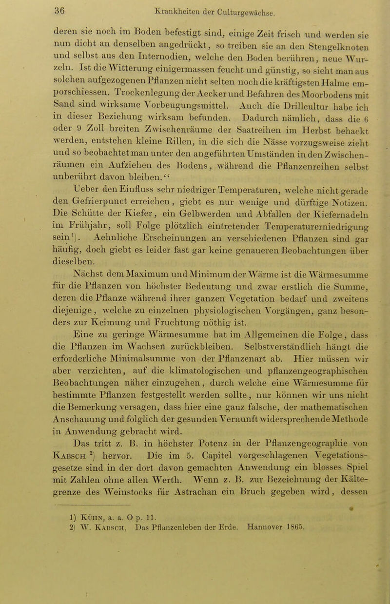 deren sie noch im Boden befestigt sind, einige Zeit frisch und werden sie nun dicht an denselben angedrückt, so treiben sie an den Stengclknoten und selbst aus den Internodien, welche den lioden berühren, neue Wur- zeln. Ist die Witterung einigermassen feucht und günstig, so sieht man aus solchen aufgezogenen Pflanzen nicht selten noch die kräftigsten Halme em- porschiessen. Trockenlegung der Aecker und Befahren des Moorbodens mit Sand sind wirksame Vorbeugungsmittel. Auch die Drillcultur habe ich in dieser Beziehung wirksam befunden. Dadurch nämlich, dass die 6 oder 9 Zoll breiten Zwischenräume der Saatreihen im Herbst behackt Averden, entstehen kleine Rillen, in die sich die Nässe vorzugsweise zieht und so beobachtet man unter den angeführten Umständen in den Zwischen- räumen ein Aufziehen des l^odens, während die Pflanzenreihen selbst unberührt davon bleiben. Ueber denEinfluss sehr niedriger Temperaturen, Avelche nicht gerade den Gefrierpunct erreichen, giebt es nur wenige und dürftige Notizen. Die Schütte der Kiefer, ein Gelbwerden und Abfallen der Kiefernadeln im Frühjahr, soll Folge plötzHch eintretender Temperaturerniedrigung sein'). Aehnliche Erscheinungen an verschiedenen Pflanzen sind gar häufig, doch giebt es leider fast gar keine genaueren Beobachtungen über dieselben. Nächst dem Maximum und Minimum der Wärme ist die Wärmesumme für die Pflanzen von höchster l^edeutung und ZAvar erstlich die Summe, deren die Pflanze während ihrer ganzen Vegetation bedarf und zweitens diejenige, welche zu einzelnen physiologischen Vorgängen, ganz beson- ders zur Keimung und Fruchtung nöthig ist. Eine zu geringe Wärmesumme hat im Allgemeinen die Folge, dass die Pflanzen im Wachsen zurückbleiben. Selbstverständlich hängt die erforderliche Minimalsumme von der Pflanzenart ab. Hier müssen wir aber verzichten, au.f die klimatologischen und pflanzengeographischen Beobachtungen näher einzugehen, durch welche eine Wärmesumme für bestimmte Pflanzen festgestellt werden sollte, nur können wir uns nicht die Bemerkung versagen, dass hier eine gauz falsche, der mathematischen Anschauung und folglich der gesunden Vernunft mdersprechende Methode in Anwendung gebracht wird. Das tritt z. B. in höchster Potenz in der Pflanzengeographie von Kabsch ^) hervor. Die im 5. Capitel vorgeschlagenen Vegetations- gesetze sind in der dort davon gemachten Amvendung ein blosses Spiel mit Zahlen ohne allen Werth. Wenn z. B. zur Bezeichnung der Kälte- grenze des Weinstocks für Astrachan ein Bruch gegeben wird, dessen 1) Kühn, a. a. 0 p. 11. 2) W. Kabsch, Das Pflanzenleben der Erde. Hannover 1865.