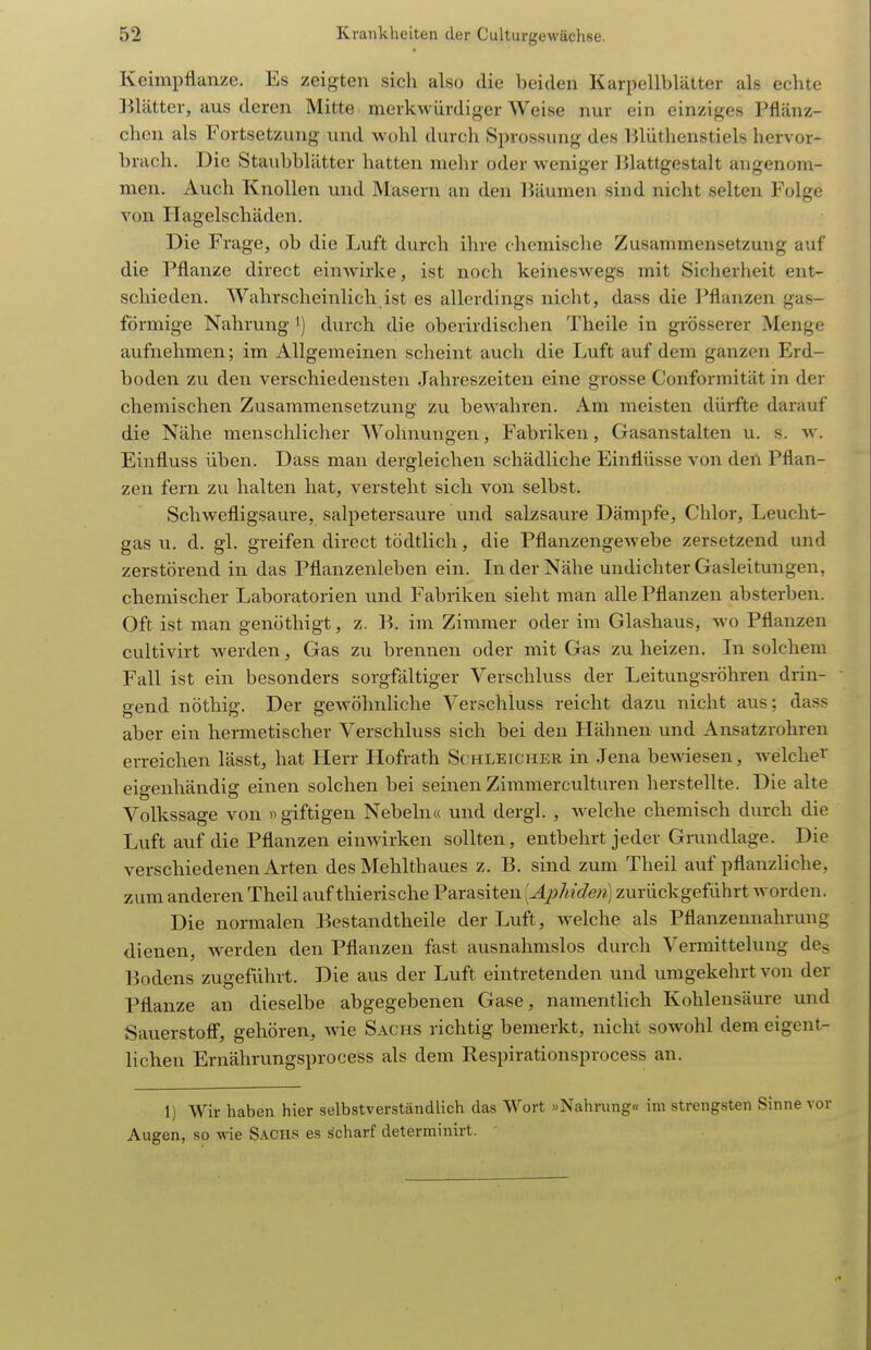 Keimpflanze. Es zeigten sich also die beiden Karpellblätter als echte Blätter, aus deren Mitte merkwürdiger Weise nur ein einziges Pflänz- chen als Fortsetzung und wohl durch Sprossung des Blüthenstiels hervor- brach. Die Staubblätter hatten mehr oder weniger Ulattgestalt angenom- men. Auch Knollen und Masern an den liäumen sind nicht selten Folge von Hagelschäden. Die Frage, ob die Luft durch ihre chemische Zusammensetzung auf die Pflanze direct einAvirke, ist noch keineswegs mit Sicherheit ent- schieden. Wahrscheinlich ist es allerdings nicht, dass die Pflanzen gas- förmige Nahrung ') durch die oberirdischen Theile in grösserer Menge aufnehmen; im Allgemeinen scheint auch die Luft auf dem ganzen Erd- boden zu den verschiedensten Jahreszeiten eine grosse Conformität in der chemischen Zusammensetzung zu bewahren. Am meisten dürfte darauf die Nähe menschlicher Wohnungen, Fabriken, Gasanstalten u. s. av. Einfluss üben. Dass man dergleichen schädliche Einflüsse von den Pflan- zen fern zu halten hat, versteht sich von selbst. Schwefligsaure, salpetersaure und salzsaure Dämpfe, Chlor, Leucht- gas u. d. gl. greifen direct tödtlich, die Pflanzengewebe zersetzend und zerstörend in das Pflanzenleben ein. In der Nähe undichter Gasleitungen, chemischer Laboratorien und Fabriken sieht man alle Pflanzen absterben. Oft ist man genöthigt, z. B. im Zimmer oder im Glashaus, avo Pflanzen cultivirt Averden, Gas zu brennen oder mit Gas zu heizen. In solchem Fall ist ein besonders sorgfältiger Verschluss der Leitungsröhren drin- gend nöthig. Der geAvöhnliche Verschluss reicht dazu nicht aus; dass aber ein hermetischer Verschluss sich bei den Hähnen und Ansatzrohren erreichen lässt, hat Herr Hofrath Schleicher in Jena bcAAdesen, welche^' eigenhändig einen solchen bei seinen Zimmerculturen herstellte. Die alte Volkssage von »giftigen Nebeln« und dergl. , AA-elche chemisch durch die Luft auf die Pflanzen eiuAvirken sollten, entbehrt jeder Grundlage. Die verschiedenen Arten des Mehlthaues z. B. sind zum Theil auf pflanzHche, zum anderen Theil auf thierische Parasiten {^/)7«(/e«) zurückgeführt Avorden. Die normalen Bestandtheile der Luft, Avelche als Pflanzeunahrung dienen, werden den Pflanzen fast ausnahmslos durch Vermittelung dcg Bodens zugeführt. Die aus der Luft eintretenden und imigekehrt von der Pflanze an dieselbe abgegebenen Gase, namentlich Kohlensäure und Sauerstoff, gehören, Avie Sachs richtig bemerkt, nicht sowohl dem eigent- lichen Ernährungsprocess als dem Respirationsprocess an. 1) Wir haben hier selbstverständlich das Wort »Nahrung« im strengsten Sinne vor Augen, so wie Sachs es scharf determinirt.