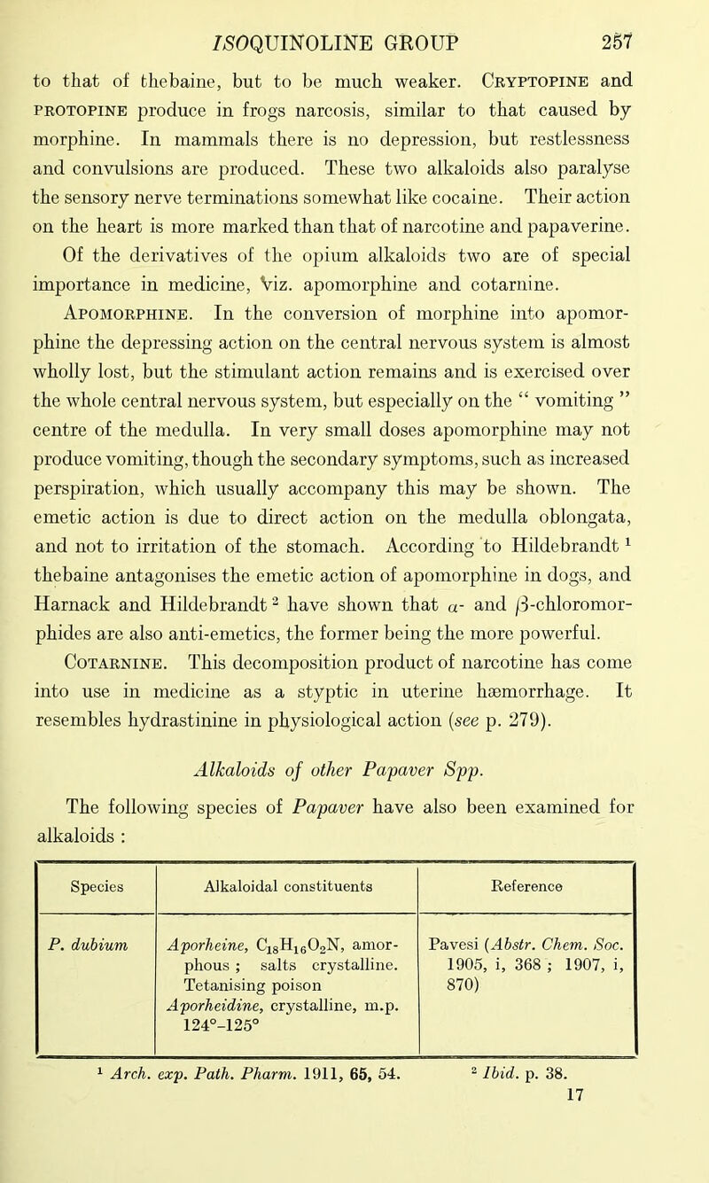 to that of thebaine, but to be much weaker. Cryptopine and PROTOPINE produce in frogs narcosis, similar to that caused by morphine. In mammals there is no depression, but restlessness and convulsions are produced. These two alkaloids also paralyse the sensory nerve terminations somewhat like cocaine. Their action on the heart is more marked than that of narcotine and papaverine. Of the derivatives of the opium alkaloids two are of special importance in medicine. Viz. apomorphine and cotarnine. Apomorphine. In the conversion of morphine into apomor- phine the depressing action on the central nervous system is almost wholly lost, but the stimulant action remains and is exercised over the whole central nervous system, but especially on the “ vomiting ” centre of the medulla. In very small doses apomorphine may not produce vomiting, though the secondary symptoms, such as increased perspiration, which usually accompany this may be shown. The emetic action is due to direct action on the medulla oblongata, and not to irritation of the stomach. According to Hildebrandt ^ thebaine antagonises the emetic action of apomorphine in dogs, and Harnack and Hildebrandt^ have shown that a- and /3-chloromor- phides are also anti-emetics, the former being the more powerful. Cotarnine. This decomposition product of narcotine has come into use in medicine as a styptic in uterine haemorrhage. It resembles hydrastinine in physiological action {see p. 279). Alkaloids of other Papaver Spp. The following species of Papaver have also been examined for alkaloids : Species Aikaloidal constituents Reference P. dubium Aporheine, CisHig02N, amor- phous ; salts crystalline. Tetanising poison Aporheidine, crystalline, m.p. 124°-125° Pavesi (Abstr. Chem. Soc. 1905, i, 368 ; 1907, i, 870) Arch. exp. Path. Pharm. 1911, 65, 54. ^ Ibid. p. 38. 17