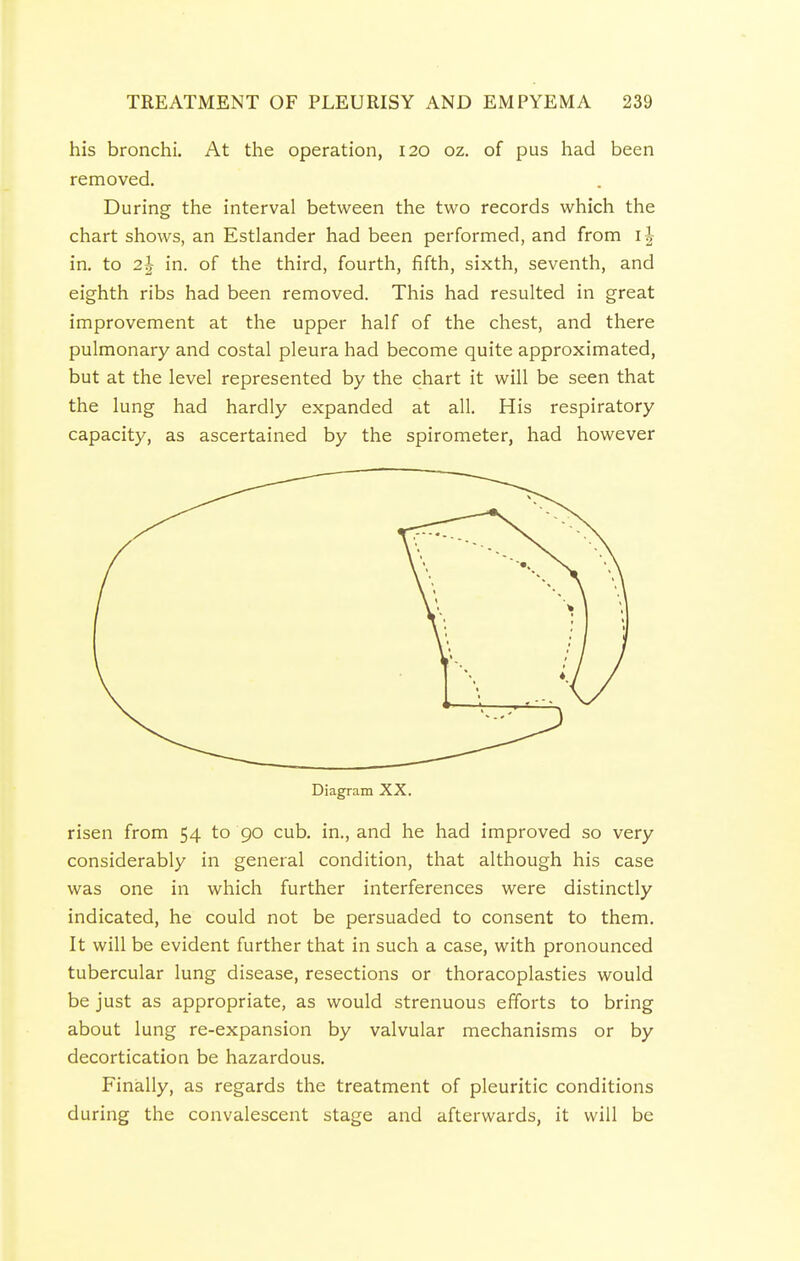 his bronchi. At the operation, 120 oz. of pus had been removed. During the interval between the two records which the chart shows, an Estlander had been performed, and from in. to 2h in. of the third, fourth, fifth, sixth, seventh, and eighth ribs had been removed. This had resulted in great improvement at the upper half of the chest, and there pulmonary and costal pleura had become quite approximated, but at the level represented by the chart it will be seen that the lung had hardly expanded at all. His respiratory capacity, as ascertained by the spirometer, had however Diagram XX. risen from 54 to 90 cub. in., and he had improved so very considerably in general condition, that although his case was one in which further interferences were distinctly indicated, he could not be persuaded to consent to them. It will be evident further that in such a case, with pronounced tubercular lung disease, resections or thoracoplasties would be just as appropriate, as would strenuous efforts to bring about lung re-expansion by valvular mechanisms or by decortication be hazardous. Finally, as regards the treatment of pleuritic conditions during the convalescent stage and afterwards, it will be