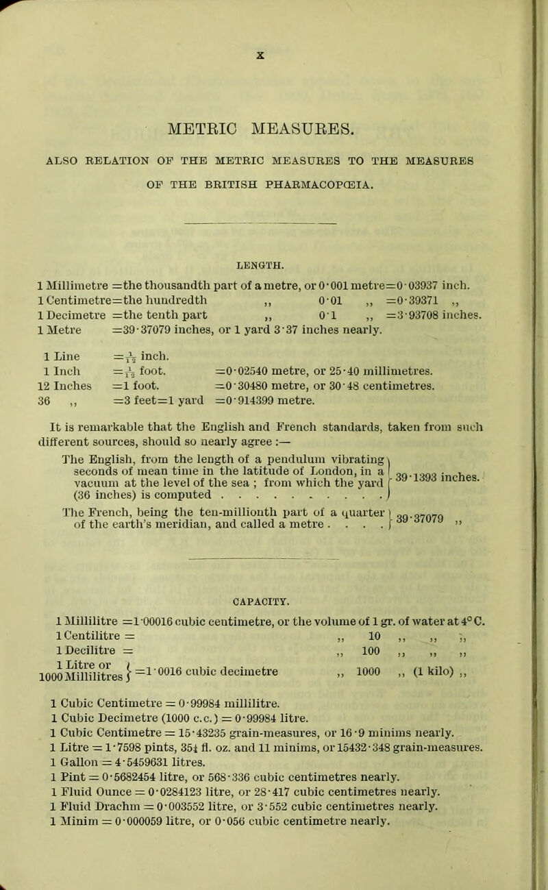 METRIC MEASURES. ALSO RELATION OF THE METRIC MEASURES TO THE MEASURES OF THE BRITISH PHARMACOPOEIA. LENGTH. 1 Millimetre =the thousandth part of a metre, or 0'001 metre=0- 03937 inch. 1 Centimetre=the hundredth „ 0'01 „ =0-39371 „ 1 Decimetre =the tenth part „ 01 ,, =3 93708 inches. 1 Metre =39-37079 inches, or 1 yard 3'37 inches nearly. 1 Line 1 Inch 12 Inches 36 ,, =T\ inch. =rL foot. =0-02540 metre, or 25-40 millimetres. =1 foot. =0-30480 metre, or 30’48 centimetres. =3 feet=1 yard =0 914399 metre. It is remarkable that the English and French standards, taken from such different sources, should so nearly agree The English, from the length of a pendulum vibrating \ seconds of mean time in the latitude of Loudon, in a I , vacuum at the level of the sea ; from which the yard f 1 Kne (36 inches) is computed ) The French, being the ten-millionth part of a quarter of the earth’s meridian, and called a metre .... 39-37079 „ CAPACITY. 1 Millilitre =1-00016 cubic centimetre, or the volume of 1 gr. of water at 4° C. 1 Centilitre = „ 10 1 Decilitre = „ 100 >) >> ,, 1000 Millflitres } =10016 cllbic decimetre „ 1000 ,, (1 kilo) ,, 1 Cubic Centimetre = 0-99984 millilitre. 1 Cubic Decimetre (1000 c.c.) = 0-99984 litre. 1 Cubic Centimetre = 15-43235 grain-measures, or 16-9 minims nearly. 1 Litre = 1-7598 pints, 354 fl. oz. and 11 minims, or 15432 • 348 grain-measures. 1 Gallon = 4-5459631 litres. 1 Pint = 0 • 5682454 litre, or 568-336 cubic centimetres nearly. 1 Fluid Ounce = 0-0284123 litre, or 28-417 cubic centimetres nearly. 1 Fluid Drachm = 0-003552 litre, or 3-552 cubic centimetres nearly. 1 Minim = 0-000059 litre, or 0-056 cubic centimetre nearly.