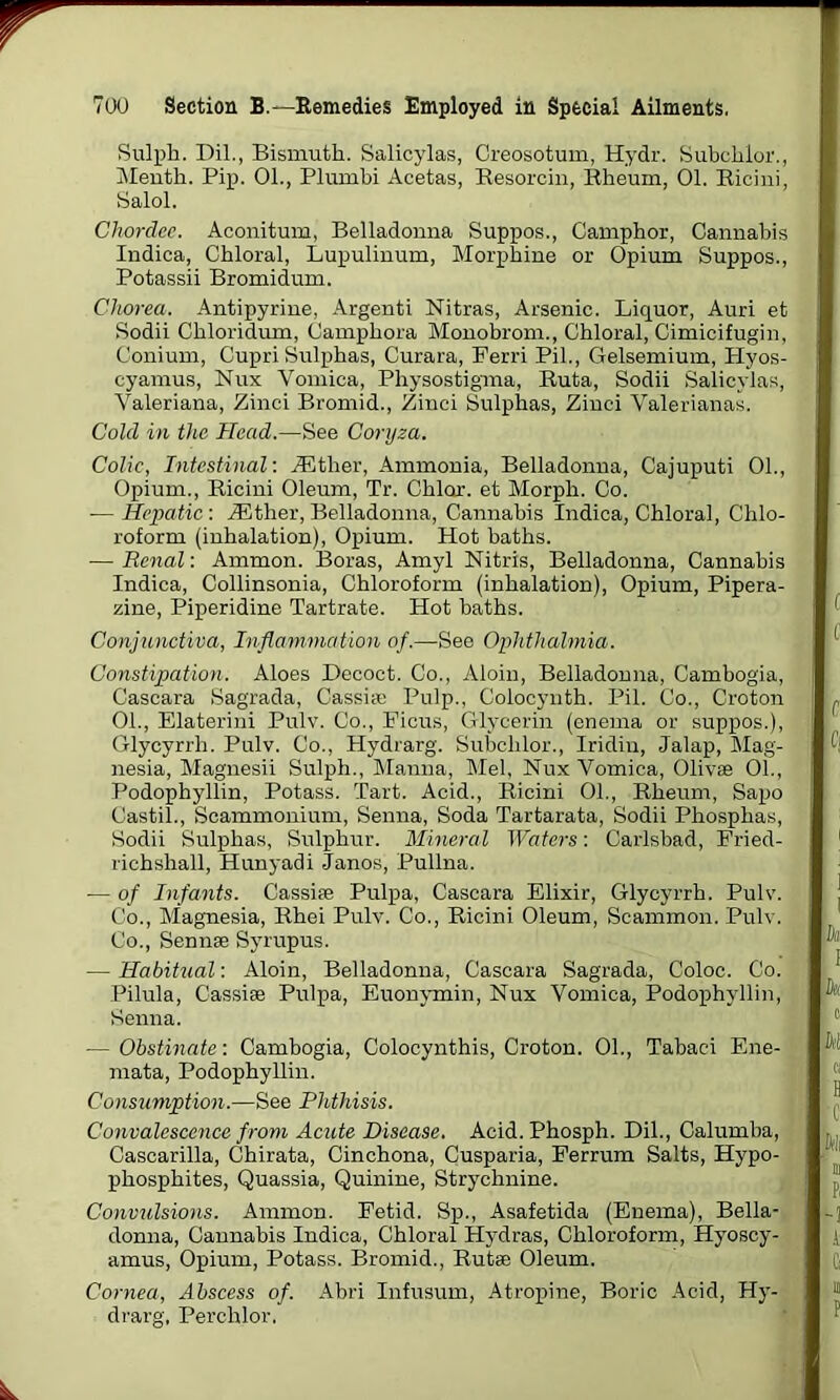 Sulph. Dil., Bismuth. Salicylas, Creosotum, Hydr. Subchlor., Menth. Pip. 01., Plumbi Acetas, Resorcin, Rheum, 01. Ricini, Salol. Chordee. Aconitum, Belladonna Suppos., Camphor, Cannabis Indica, Chloral, Lupulinum, Morphine or Opium Suppos., Potassii Bromidum. Chorea. Antipyrine, Argenti Nitras, Arsenic. Liquor, Auri et Sodii Chloridum, Camphora Monobrom., Chloral, Cimicifugin, Conium, Cupri Sulphas, Curara, Ferri Pil., Gelsemium, Plyos- cyamus, Nux Vomica, Physostigma, Ruta, Sodii Salicylas, Valeriana, Zinci Bromid., Zinci Sulphas, Zinci Valerianas. Cold in the Head.—See Coryza. Colic, Intestinal: iEther, Ammonia, Belladonna, Cajuputi 01., Opium., Ricini Oleum, Tr. Chlor. et Morph. Co. — Hepatic, either, Belladonna, Cannabis Indica, Chloral, Chlo- roform (inhalation), Opium. Hot baths. -—Renal'. Ammon. Boras, Amyl Nitris, Belladonna, Cannabis Indica, Collinsonia, Chloroform (inhalation), Opium, Pipera- zine, Piperidine Tartrate. Hot baths. Conjunctiva, Inflammation of.—See Ophthalmia. Constipation. Aloes Decoct. Co., Aloin, Belladonna, Cambogia, Cascara Sagrada, Cassia; Pulp., Colocynth. Pil. Co., Croton 01., Elaterini Pulv. Co., Ficus, Glycerin (enema or suppos.), Glycyrrh. Pulv. Co., Hydrarg. Subclilor., Iridin, Jalap, Mag- nesia, Magnesii Sulph., Manna, Mel, Nux Vomica, Olivae 01., Podophyllin, Potass. Tart. Acid., Ricini 01., Rheum, Sapo Castil., Scammonium, Senna, Soda Tartarata, Sodii Phosphas, Sodii Sulphas, Sulphur. Mineral Waters: Carlsbad, Fried- richshall, Hunyadi Janos, Pullna. — of Infants. Cassife Pulpa, Cascara Elixir, Glycyrrh. Pulv. Co., Magnesia, Rhei Pulv. Co., Ricini Oleum, Scammon. Pulv. Co., Sennse Syrupus. — Habitual: Aloin, Belladonna, Cascara Sagrada, Coloc. Co. Pilula, Cassise Pulpa, Euonymin, Nux Vomica, Podophyllin, Senna. — Obstinate: Cambogia, Colocynthis, Croton. 01., Tabaci Ene- 7nata, Podophyllin. Consumption.—See Phthisis. Convalescence from Acute Disease. Acid. Phosph. Dil., Calumba, Cascarilla, Chirata, Cinchona, Cusparia, Ferrum Salts, Hypo- phosphites, Quassia, Quinine, Strychnine. Convulsions. Ammon. Fetid. Sp., Asafetida (Enema), Bella- donna, Cannabis Indica, Chloral Hydras, Chloroform, Hyoscy- amus, Opium, Potass. Bromid., Rutse Oleum. Cornea, Abscess of. Abri Infusum, Atropine, Boric Acid, Hy- drarg, Perchlor.