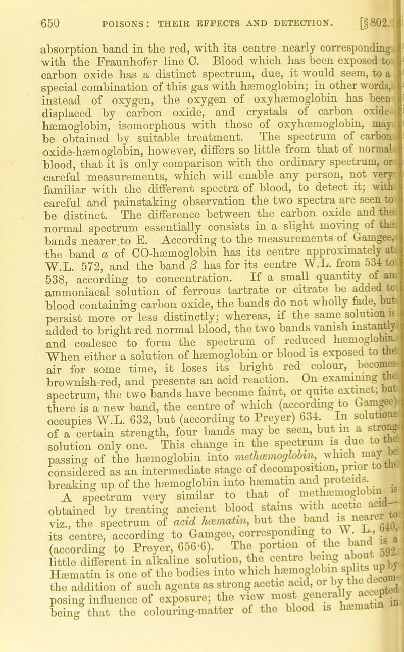 absorption band in the red, with its centre nearly correspondingJ with the Fraunhofer line 0. Blood which has been exposed to^ carbon oxide has a distinct spectrum, due, it would seem, to a special combination of this gas with hfemoglobinj in other words,ii instead of oxygen, the oxygen of oxyhsemoglobin has been* displaced by carbon oxide, and crystals of carbon oxidfri hsemoglobin, isomorphous with those of oxyhoemoglobin, mayi be obtained by suitable treatment. The spectrum of carbom oxide-hsemoglobin, however, differs so little from that of normals blood, that it is only comparison with the ordinary spectrum, orj careful measurements, which will enable any person, not veryr I familiar with the different spectra of blood, to detect it; with; I careful and painstaking observation the two spectra are seen to I be distinct. The difference between the carbon oxide and the ' normal spectrum essentially consists in a slight moving of the bands nearer .to E. According to the measurements of Gamgee, the band a of OO-hsemoglobin has its centre approximately at W.L. 572, and the band /3 has for its centre W.L. from 534 to 538, according to concentration. If a small quantity of an ammoniacal solution of ferrous tartrate or citrate be added to ^ blood containing carbon oxide, the bands do not wholly fade, butuj persist more or less distinctly; whereas, if the same solution is ■ added to bright red normal blood, the two bands vanish instantly and coalesce to form the spectrum of reduced hsemoglobm. When either a solution of htemoglobin or blood is exposed to th. air for some time, it loses its bright red colour, become^ brownish-red, and presents an acid reaction. On examinmg tin spectrum, the two bands have become faint, or quite extinct; there is a new band, the centre of which (according to Gaiugei occupies W.L. 632, but (according to Preyer) 634. In solution- of a certain strength, four bands may be seen, but in a stron. solution only one. This change in the spectrum is due to t u passin'T of the hajmoglobin into methcemoglohin, which may J'^ considered as an intermediate stage of decomposition, prior totlu breakinc^ up of the htemoglobin into hajmatm and proteids. A spectrum very similar to that of methaimoglobm i> obtained by treating ancient blood stains with apetic acid viz., the spectrum of acid hcematin, but the band is n^^*^^ A, its centre, according to Gamgee, corresponding to W. • (according to Preyer, 656-6). The portion of the band is ; little different in alkaline solution, the centre being about ^y-; Hismatin is one of the bodies into which ha3moglobin spWs up ^ the addition of such agents as strong acetic acid, or the dtco posing influence of exposure; the view most generally a^cep being that the colouring-matter of the blood is ha^matin m I;