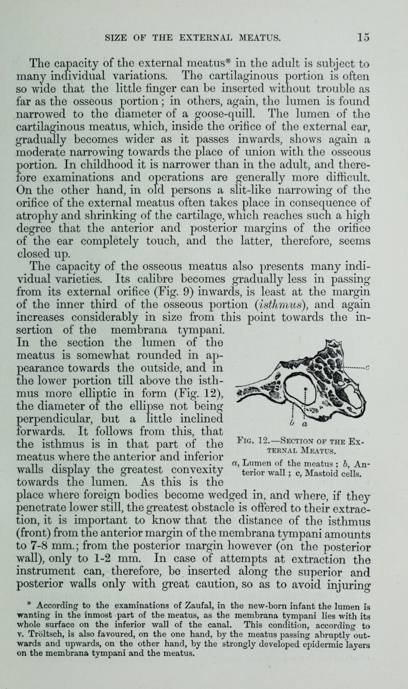 The capacity of the external meatus* in the adult is subject to many individual variations. The cartilaginous portion is often so wide that the little finger can be inserted without trouble as far as the osseous portion; in others, again, the lumen is found narrowed to the diameter of a goose-quill. The lumen of the cartilaginous meatus, which, inside the orifice of the external ear, gradually becomes wider as it passes inwards, shows again a moderate narrowing towards the place of union with the osseous portion. In childhood it is narrower than in the adult, and there- fore examinations and operations are generally more difficult. On the other hand, in old persons a slit-like narrowing of the orifice of the external meatus often takes place in consequence of atrophy and shrinking of the cartilage, which reaches such a high degree that the anterior and posterior margins of the orifice of the ear completely touch, and the latter, therefore, seems closed up. The capacity of the osseous meatus also presents many indi- vidual varieties. Its calibre becomes gradually less in passing from its external orifice (Fig. 9) inwards, is least at the margin of the inner third of the osseous portion {isthmus), and again increases considerably in size from this point towards the in- sertion of the membrana tympani. In the section the lumen of the meatus is somewhat rounded in ap- pearance towards the outside, and in the lower portion till above the isth- mus more elliptic in form (Fig. 12), the diameter of the ellipse not being perpendicular, but a little inclined forwards. It follows from this, that the isthmus is in that part of the meatus where the anterior and inferior walls display the greatest convexity towards the lumen. As this is the place where foreign bodies become wedged in, and where, if they penetrate lower still, the greatest obstacle is offered to their extrac- tion, it is important to know that the distance of the isthmus (front) from the anterior margin of the membrana tympani amounts to 7-8 mm.; from the posterior margin however (on the posterior wall), only to 1-2 mm. In case of attempts at extraction the instrument can, therefore, be inserted along the superior and posterior walls only with great caution, so as to avoid injuring * According to the examinations of Zaufal, in the new-born infant the lumen is wanting in the inmost part of the meatus, as the membrana tympani lies with its whole surface on the inferior wall of the canal. This condition, according to y. Troltsch, is also favoured, on the one hand, by the meatus passing abruptly out- wards and upwards, on the other hand, by the strongly developed epidermic layers on the membrana tympani and the meatus. Fig. 12.—Section of the Ex- ternal Meatus. a, Lumen of the meatus ; 5, An- terior wall; c, Mastoid cells.
