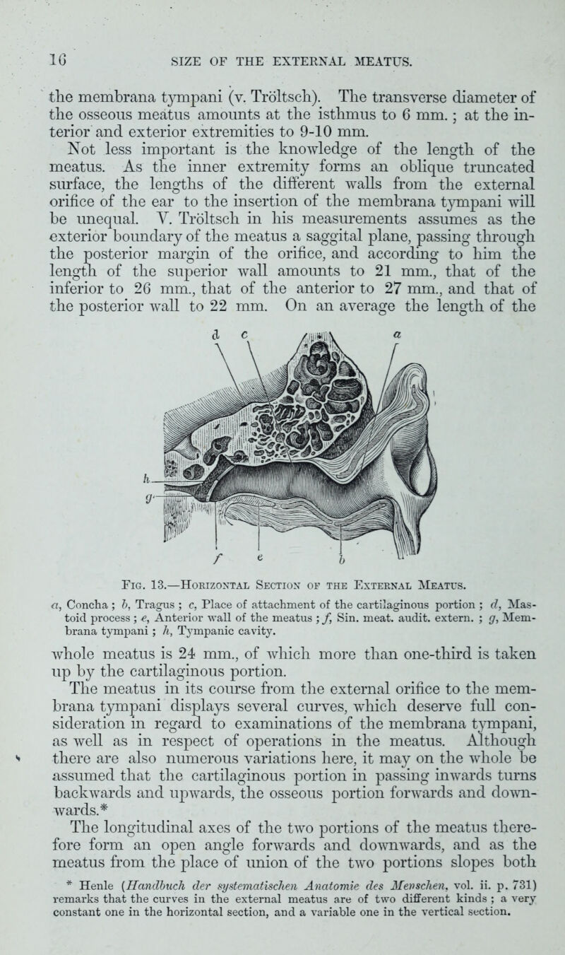 the membrana tympani (v. Troltsch). The transverse diameter of the osseous meatus amounts at the isthmus to 6 mm.; at the in- terior and exterior extremities to 9-10 mm. Not less important is the knowledge of the length of the meatus. As the inner extremity forms an oblique truncated surface, the lengths of the different walls from the external orifice of the ear to the insertion of the membrana tympani will be unequal. V. Troltsch in his measurements assumes as the exterior boundary of the meatus a saggital plane, passing through the posterior margin of the orifice, and according to him the length of the superior wall amounts to 21 mm., that of the inferior to 26 mm., that of the anterior to 27 mm., and that of the posterior wall to 22 mm. On an average the length of the Fig. 13.—Horizontal Section of the External Meatus. «, Concha ; b, Tragus ; c, Place of attachment of the cartilaginous portion ; d, Mas- toid process ; e, Anterior wall of the meatus ; f Sin. meat, audit, extern. ; g, Mem- brana tympani; h, Tympanic cavity. whole meatus is 24 mm., of which more than one-third is taken up by the cartilaginous portion. The meatus in its course from the external orifice to the mem- brana tympani displays several curves, which deserve full con- sideration in regard to examinations of the membrana tympani, as well as in respect of operations in the meatus. Although there are also numerous variations here, it may on the whole be assumed that the cartilaginous portion in passing inwards turns backwards and upwards, the osseous portion forwards and down- wards.* The longitudinal axes of the two portions of the meatus there- fore form an open angle forwards and downwards, and as the meatus from the place of union of the two portions slopes both * Henle (Handbuch der systematischen Anatomie des Menschen, vol. ii. p. 731) remarks that the curves in the external meatus are of two different kinds ; a very constant one in the horizontal section, and a variable one in the vertical section.