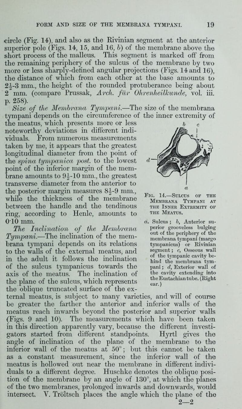 circle (Fig. 14), and also as tlie Rivinian segment at the anterior superior pole (Figs. 14, 15, and 16, b) of the membrane above the short process of the malleus. This segment is marked off from the remaining periphery of the sulcus of the membrane by two more or less sharply-defined angular projections (Figs. 14 and 16), the distance of which from each other at the base amounts to 2J-3 mm., the height of the rounded protuberance being about 2 mm. (compare Prussak, Arch, fur Ohrenheillmnde, vol. iii. p. 258). Size of the Membrana Tympani.—The size of the membrana tympani depends on the circumference of the inner extremity of the meatus, which presents more or less noteworthy deviations in different indi- viduals. From numerous measurements taken by me, it appears that the greatest longitudinal diameter from the point of the spina tympanica post, to the lowest point of the inferior margin of the mem- brane amounts to 9J-10 mm., the greatest transverse diameter from the anterior to the posterior margin measures 8J-9 mm., while the thickness of the membrane between the handle and the tendinous ring, according to Henle, amounts to 010 mm. The Inclination of the Membrana Tympani.—The inclination of the mem- brana tympani depends on its relations to the walls of the external meatus, and in the adult it follows the inclination of the sulcus tympanicus towards the axis of the meatus. The inclination of the plane of the sulcus, which represents the oblique truncated surface of the ex- ternal meatus, is subject to many varieties, and will of course be greater the farther the anterior and inferior walls of the meatus reach inwards beyond the posterior and superior walls (Figs. 9 and 10). The measurements which have been taken in this direction apparently vary, because the different investi- gators started from different standpoints. Hyrtl gives the angle of inclination of the plane of the membrane to the inferior wall of the meatus at 50°; but this cannot be taken as a constant measurement, since the inferior wall of the meatus is hollowed out near the membrane in different indivi- duals to a different degree. Huschke denotes the oblique posi- tion of the membrane by an angle of 130°, at which the planes of the two membranes, prolonged inwards and downwards, would intersect. V. Troltseh places the angle which the plane of the 2—2 Fig. 14.—Sulcus of the Membrana Tympani at the Inner Extremity of the Meatus. a. Sulcus; b, Anterior su- perior grooveless bulging out of the periphery of the membrana tympani (margo tympanicus) or Rivinian segment; c, Osseous wall of the tympanic cavity be- hind the membrana tym- pani ; d, Exterior wall of the cavity extending into the Eustachian tube. (Right ear.)
