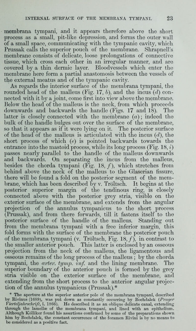 membrana tympani, and it appears therefore above the short process as a small, pit-like depression, and forms the outer wall of a small space, communicating with the tympanic cavity, which Prussak calls the superior pouch of the membrane. Shrapnell’s membrane consists of delicate, loose prolongations of connective tissue, which cross each other in an irregular manner, and are covered by a thin dermic layer. Bloodvessels which enter the membrane here form a partial anastomosis between the vessels of the external meatus and of the tympanic cavity. As regards the interior surface of the membrana tympani, the rounded head of the malleus (Fig. 17, b), and the incus (d) con- nected with it by a joint, come first into view above the membrane. Below the head of the malleus is the neck, from which proceeds downwards and backwards the handle (Figs. 17 and 18). The latter is closely connected with the membrane {a); indeed the bulk of the handle bulges out over the surface of the membrane, so that it appears as if it were lying on it. The posterior surface of the head of the malleus is articulated with the incus (d), the short process of which (e) is pointed backwards towards the entrance into the mastoid process, while its long process (Fig. 18, i) passes nearly parallel to the handle of the malleus downwards and backwards. On separating the incus from the malleus, besides the chorda tympani (Fig. 18, /), which stretches from behind above the neck of the malleus to the Glaserian fissure, there will be found a fold on the posterior segment of the mem- brane, which has been described by v. Troltsch. It begins at the posterior superior margin of the tendinous ring, is closely connected above with the posterior grey stria, visible on the exterior surface of the membrane, and extends from the angular projection of the annulus tympanicus to the short process (Prussak), and from there forwards, till it fastens itself to the posterior surface of the handle of the malleus. Standing out from the membrana tympani with a free inferior margin, this fold forms with the surface of the membrane the posterior pouch of the membrana tympani (v. Troltsch, Fig. 18,/), in contrast to the smaller anterior pouch. This latter is enclosed by an osseous projection from the neck of the malleus, the ligamentous and osseous remains of the long process of the malleus ; by the chorda tympani, the arter. tymp. inf and the lining membrane. The superior boundary of the anterior pouch is formed by the grey stria visible on the exterior surface of the membrane, and extending from the short process to the anterior angular projec- tion of the annulus tympanicus (Prussak).* * The aperture at the superior anterior pole of the membrana tympani, described by Rivinus (1689), was put down as constantly occurring by Bochdalek (Prac/er Vierteljahrschrift, i. 1866). He described it as an oblique delicate canal, extending through the lamellae of the membrana tympani, and lined with an epithelium. Although Kolliker found his assertions confirmed by some of the preparations shown him by Bochdalek, the constant occurrence of the foramen Rivini is by no means to be considered as a positive fact.