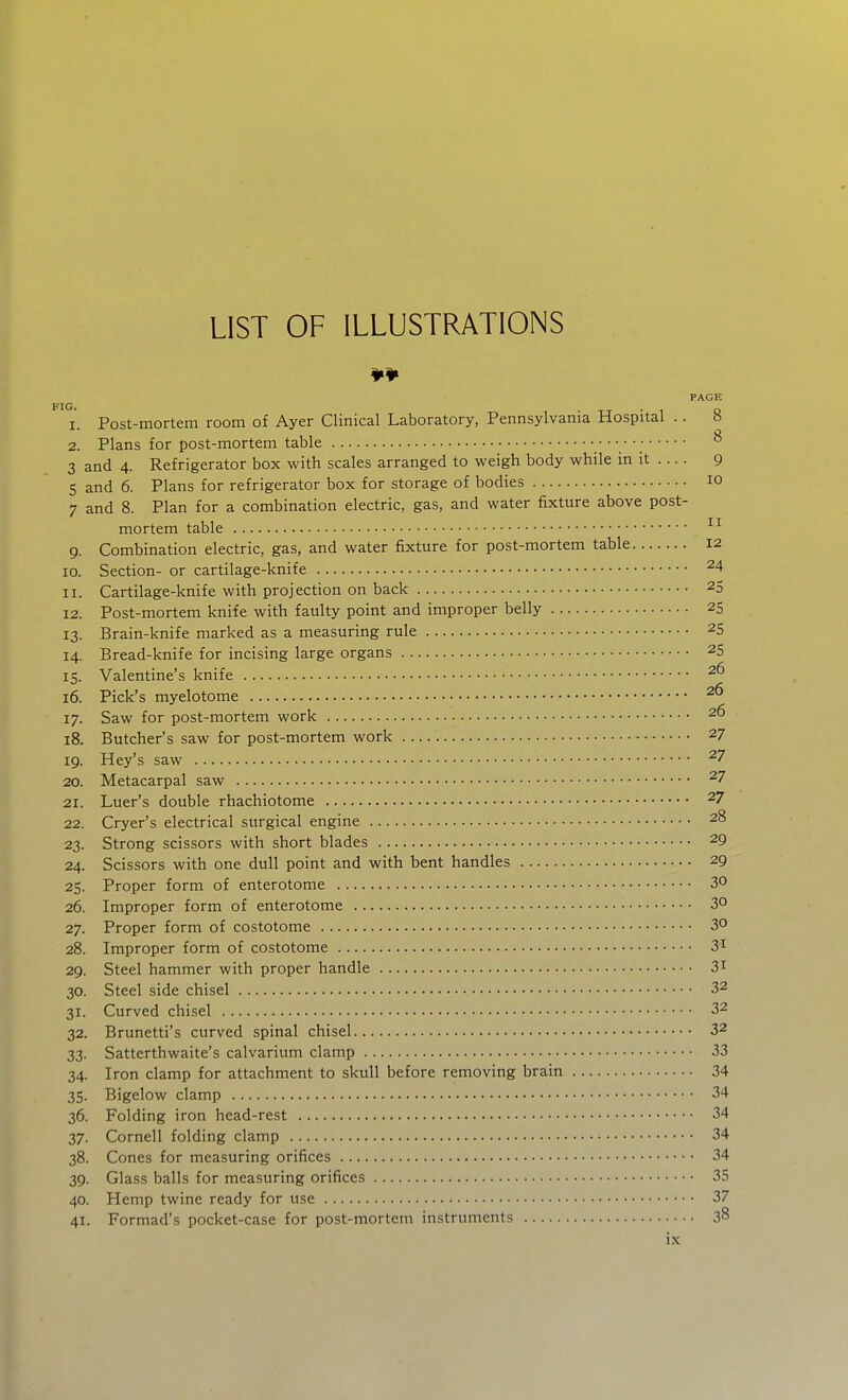 LIST OF ILLUSTRATIONS ¥¥ FIG PAGE 1. Post-mortem room of Ayer Clinical Laboratory, Pennsylvania Hospital .. 8 2. Plans for post-mortem table ^ 3 and 4. Refrigerator box with scales arranged to weigh body while in it 9 5 and 6. Plans for refrigerator box for storage of bodies 10 7 and 8. Plan for a combination electric, gas, and water fixture above post- mortem table 9. Combination electric, gas, and water fixture for post-mortem table 12 10. Section- or cartilage-knife ^4 11. Cartilage-knife with projection on back 25 12. Post-mortem knife with faulty point and improper belly 25 13. Brain-knife marked as a measuring rule 25 14. Bread-knife for incising large organs 25 15. Valentine's knife 26 16. Pick's myelotome 17. Saw for post-mortem work 26 18. Butcher's saw for post-mortem work 27 19. Hey's saw ^7 20. Metacarpal saw ^7 21. Luer's double rhachiotome 27 22. Cryer's electrical surgical engine 28 23. Strong scissors with short blades 29 24. Scissors with one dull point and with bent handles 29 25. Proper form of enterotome 30 26. Improper form of enterotome 3° 27. Proper form of costotome 3° 28. Improper form of costotome 3i 29. Steel hammer with proper handle 3i 30. Steel side chisel 32 31. Curved chisel 32 32. Brunetti's curved spinal chisel 32 33. Satterthwaite's calvarium clamp 33 34. Iron clamp for attachment to skull before removing brain 34 35. Bigelow clamp 34 36. Folding iron head-rest 34 37. Cornell folding clamp 34 38. Cones for measuring orifices 34 39. Glass balls for measuring orifices 35 40. Hemp twine ready for use 37 41. Formad's pocket-case for post-mortem instruments 38