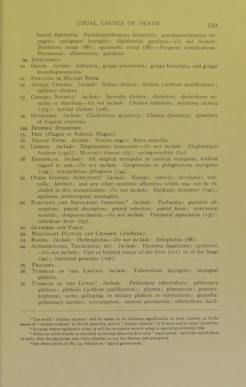 349 buccal diphtheria. Pseudomembranous bronchitis ; pseudomembranous lar- yngitis ; malignant laryngitis; diphtheritic paralysis.—Do not include: Stridulous croup (88) ; spasmodic croup (88).—Frequent complications: Pneumonia; albuminuria ; paralysis. Qa. Diphtheria. 10. Grippe. Include: Influenza; grippe pneumonia; grippe bronchitis, and grippe bronchopneumonia. 11. Sweating or Miliary Fever. 12. Asiatic Cholera. Include: Indian cholera; cholera (without qualification) ; epidemic cholera. 13. Cholera Nostras.* Include: Sporadic cholera; cholerine; choleriform en- teritis or diarrhoea.—Do not include: Cholera infantum; antimony cholera (175) ; hernial cholera (108). 14. Dysentery. Include: Choleriform dysentery; Chinese dysentery; dysentery of tropical countries. 14a. Epidemic Dysentery. 15. Pest (Plague or Bubonic Plague). 16. Yellow Fever. Include: Vomito negro; fiebre amarilla. 17. Leprosy. Include: Elephantiasis Graecorum.—Do not include: Elephantiasis Arabum (i45d) ; Morvan's disease (63) ; syringomyelitis (63). 18. Erysipelas. Include: All surgical erysipelas or medical erysipelas, without regard to seat.—Do not include: Gangrenous or phlegmonous erysipelas (144) ; erysipelatous phlegmon (144). 19. Other Epidemic Affections.^ Include: Mumps; rubeola; acrodynia; vari- cella ; beriberi; and any other epidemic affections which may not be in- cluded in this nomenclature.—Do not include: Epidemic dysentery (14a) ; epidemic cerebrospinal meningitis. 20. Purulent and Septicemic Infection.^ Include: Pyohsemia; purulent ab- sorption ; putrid absorption; putrid infection; putrid fever; anatomical wounds; streptococchsemia.—Do not include: Puerperal septicaemia (137) J infectious fever (55). 21. Glanders and Farcy. 22. Malignant Pustule and Charbon (Anthrax). 23. Rabies. Include: Hydrophobia.—Do not include: Sitiophobia (68). 24. Actinomycosis, Trichinosis, etc. Include: Dystoma hepaticum; cysticerci. —Do not include: Cyst or hydatid tumor of the liver (m) or of the lungs (99) ; intestinal parasites (107). 25. Pellagra. 26. Tubercle of the Larynx. Include: Tuberculous laryngitis; laryngeal phthisis. 27. Tubercle of the Lungs.* Include: Pulmonary tuberculosis; pulmonary phthisis; phthisis (without qualification) ; phymia; phymatosis; pneumo- nophyma; acute, galloping, or miliary phthisis or tuberculosis; granulia; pulmonary cavities ; consumption; caseous pneumonia; tuberculous, bacil- 1 The word cholera morbus will be taken in its ordinary signification in each country, as in the sense of cholera nostras in North America, and as Asiatic cholera in France and in other countries. 2 In cases where epidemics arise, it will be necessary here to adopt a special provisional title. ■■' When an adult female is returned as having been stricken with septiciemia, send the report back in order that the physician may state whether or not the disease was puerperal. * See observation on No. 93, relative to apical pneumonia.