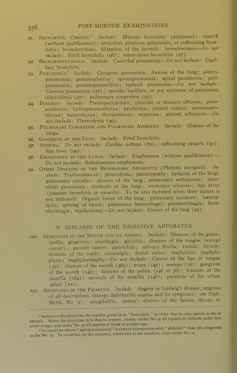 91. Bronchitis, Chronic' Include: Mucous bronchitis (pituitous) ; catarrh (without qualification) ; bronchial, pituitous, pulmonary, or suffocating bron- chitis; bronchorrhoea; dilatation of the bronchi; bronchiectasis.—Do not include: Fetid bronchitis (96); tuberculous bronchitis (27). 92. Bronchopneumonia. Include: Catarrhal pneumonia.—Do not include: Capil- lary bronchitis. 93. Pneumonia.- Include: Croupous pneumonia; fluxion of the lung; pleuro- pneumonia; pneumopleurisy; splenopneumonia; apical pneumonia; peri- pneumonia; pneumopericarditis; typhoid pneumonia.—Do not include: Caseous pneumonia (27) ; specific, bacillary, or any synonym of pulmonary tuberculosis (27) ; pulmonary congestion (95). 94. Pleurisy. Include: Pleuropericarditis; pleuritic or thoracic effusion; pneu- mothorax; hydropneumothorax; pyothorax; pleural vomica; pneumopyo- thorax; haemotliorax; thoracentesis; empyema; pleural adhesions.—Do not include: Pleurodynia (99). 95. Pulmonary Congestion and Pulmonary Apoplexy. Include: CEdema of the lungs. 96. Gangrene of the Lung. Include: Fetid bronchitis. 97. Asthma. Do not include: Cardiac asthma (79) ; suffocating catarrh (91) ; hay fever (99). 98. Emphysema OF the Lungs. Include: Emphysema (without qualification).— Do not include: Subcutaneous emphysema. 99. Other Diseases of the Respiratory Apparatus (Phthisis excepted). In- clude: Tracheostenosis; pleurodynia; pneumopathy; hydatids of the lung; pulmonary calculus; abscess of the lung; pulmonary anthracosis; inter- stitial pneumonia; cirrhosis of the lung; secondary sclerosis; hay fever (summer bronchitis or catarrh). To be also included when their nature is not indicated: Organic lesion of the lung; pulmonary accidents; haemop- tysis; spitting of blood; pulmonary hemorrhage; pneumorrhagia; bron- chorrhagia; tracheotomy.—Do not include: Cancer of the lung (45). 100. lOI. V. DISEASES OF THE DIGESTIVE APPARATUS. Affections of the Mouth and its Adnexa. Include: Diseases of the gums; epulis; gingivitis; ulorrhagia; glossitis; diseases of the tongtie (except cancer) ; parotid tumor; parotiditis; salivary fistula; ranula; thrush; diseases of the teeth; odontalgia; dental caries; staphylitis; staphylo- plasty; staphylorrhaphy.—Do not include: Cancer of the lips or tongue (39) ;'chancre of the mouth (36a) ; noma (142) ; mumps (19) ; gangrene of the mouth (142) ; diseases of the palate (146 or 36) ; fracture of the maxilla (164) ; necrosis of the maxilla (146) ; paralysis of the velum palati (loi). Affections of the Pharynx. Include: Angina or Ludwig's disease; angmas of all descriptions (except diphtheritic angina and its symptoms; see Diph- theria, No. 9) ; amygdalitis; quinsy; abscess of the fauces, throat, or 1 Return to the physician the reports given in as  bronchitis, in order that he may specify acute or chronic. When the physician fails thus to answer, classify under No. 90 all reports of children under five years of age, and under No. 91 all reports of those of greater age. 2 In countries where  apical pneumonia is always synonymous with  phthisis, class this diagnosis under No. 27. In countries, on the contrary, where this is not constant, class under No. 93.
