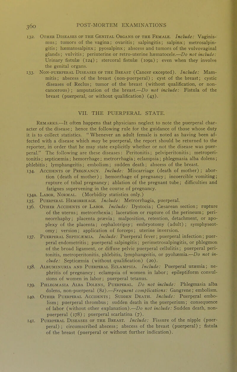 132. Other Diseases of the Genital Organs of the Female. Include: Vaginis- mus ; tumors of the vagina; ovaritis; salpingitis; salpinx; metrosalpin- gitis ; hsematosalpinx; pyosalpinx; abscess and tumors of the vulvovaginal glands; vulvitis; periuterine or retro-uterine hematocele.—Do not include: Urinary fistulas (124); stercoral fistulse (109a); even when they involve the genital organs. 133. Non-puerperal Diseases OF THE Breast (Cancer excepted). Include: Mam- mitis; abscess of the breast (non-puerperal); cyst of the breast; cystic diseases of Reclus; tumor of the breast (without qualification, or non- cancerous) ; amputation of the breast.—Do not include: Fistula of the breast (puerperal, or without qualification) (43). VII. THE PUERPERAL STATE. Remarks.—It often happens that physicians neglect to note the puerperal char- acter of the disease; hence the following rule for the guidance of those whose duty it is to collect statistics.  Whenever an adult female is noted as having been af- fected with a disease which may be puerperal, the report should be returned to the reporter, in order that he may state explicitly whether or not the disease was puer- peral. The following are these diseases : Peritonitis; pelviperitonitis; metroperi- tonitis ; septicaemia; hemorrhage; metrorrhagia; eclampsia; phlegmasia alba dolens; phlebitis; lymphangeitis; embolism; sudden death; abscess of the breast. 134. Accidents of Pregnancy. Include: Miscarriage (death of mother) ; abor- tion (death of mother) ; hemorrhage of pregnancy; incoercible vomiting; rupture of tubal pregnancy; ablation of the pregnant tube; difficulties and fatigues supervening in the course of pregnancy. 134a. Labor, Normal. (Morbidity statistics only.) 135. Puerperal Hemorrhage. Include: Metrorrhagia, puerperal. 136. Other Accidents of Labor. Include: Dystocia; Csesarean section; rupture of the uterus; metrorrhexia; laceration or rupture of the perineum; peri- neorrhaphy; placenta prsevia; malposition, retention, detachment, or apo- plexy of the placenta; cephalotripsy; embryotomy (adult); symphyseot- omy ; version; application of forceps; uterine inversion. 137. Puerperal Septicemia. Include: Puerperal fever; puerperal infection; puer- peral endometritis; puerperal salpingitis; perimetrosalpingitis, or phlegmon of the broad ligament, or diffuse pelvic puerperal cellulitis; puerperal peri- tonitis, metroperitonitis, phlebitis, lymphangeitis, or pyohsemia.—Do not in- clude: Septicaemia (without qualification) (20). 138. Albuminuria and Puerperal Eclampsia. Include: Puerperal uraemia; ne- phritis of pregnancy; eclampsia of women in labor; epileptiform convul- sions of women in labor; puerperal tetanus. 139. Phlegmasia Alba Dolens, Puerperal. Do not include: Phlegmasia alba dolens, non-puerperal (82).—Frequent complications: Gangrene; embolism. 140. Other Puerperal Accidents; Sudden Death. Include: Puerperal embo- lism ; puerperal thrombus; sudden death in the puerperium; consequence of labor (without other explanation).—Do not include: Sudden death, non- puerperal (178) ; puerperal scarlatina (7). 141. Puerperal Diseases of the Breast. Include: Fissure of the nipple (puer- peral) ; circumscribed abscess; abscess of the breast (puerperal); fistula of the breast (puerperal or without further indication).