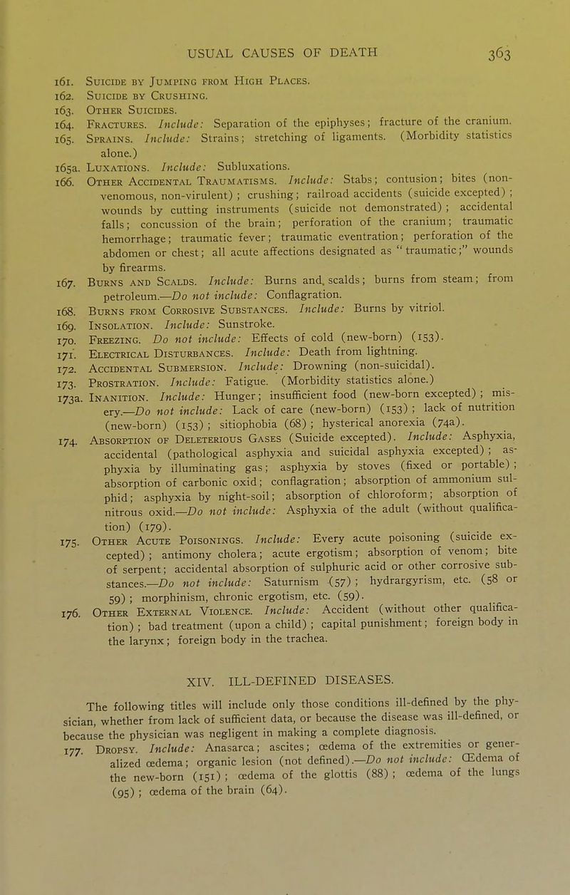 161. Suicide by Jumping from High Places. 162. Suicide by Crushing. 163. Other Suicides. 164. Fractures. Include: Separation of the epiphyses; fracture of the cranium. 165. Sprains. Include: Strains; stretching of ligaments. (Morbidity statistics alone.) 165a. Luxations. Include: Subluxations. 166. Other Accidental Traumatisms. Include: Stabs; contusion; bites (non- venomous, non-virulent) ; crushing; railroad accidents (suicide excepted) ; wounds by cutting instruments (suicide not demonstrated) ; accidental falls; concussion of the brain; perforation of the cranium; traumatic hemorrhage; traumatic fever; traumatic eventration; perforation of the abdomen or chest; all acute affections designated as  traumatic; wounds by firearms. 167. Burns AND Scalds. Include: Burns and. scalds; burns from steam; from petroleum.—Do not include: Conflagration. 168. Burns from Corrosive Substances. Include: Burns by vitriol. Insolation. Include: Sunstroke. Freezing. Do not include: Effects of cold (new-born) (153)- Electrical Disturbances. Include: Death from lightning. Accidental Submersion. Include: Drowning (non-suicidal). Prostration. Include: Fatigue. (Morbidity statistics alone.) 173a. Inanition. Include: Hunger; insufficient food (new-born excepted) ; niis- ery.—Do not include: Lack of care (new-born) (153) ; lack of nutrition (new-born) (153); sitiophobia (68); hysterical anorexia (74a). 174. Absorption of Deleterious Gases (Suicide excepted). Include: Asphyxia, accidental (pathological asphyxia and suicidal asphyxia excepted) ; as- phyxia by illuminating gas; asphyxia by stoves (fixed or portable) ; absorption of carbonic oxid; conflagration; absorption of ammonium sul- phid; asphyxia by night-soil; absorption of chloroform; absorption of nitrous oxid.—Do not include: Asphyxia of the adult (without qualifica- tion) (179)- . . 175. Other Acute Poisonings. Include: Every acute poisoning (suicide ex- cepted) ; antimony cholera; acute ergotism; absorption of venom; bite of serpent; accidental absorption of sulphuric acid or other corrosive sub- stances.—Do not include: Saturnism (57) ; hydrargyrism, etc. (58 or 59); morphinism, chronic ergotism, etc. (S9)- 176. Other External Violence. Include: Accident (without other qualifica- tion) ; bad treatment (upon a child) ; capital punishment; foreign body in the larynx; foreign body in the trachea. 169, 170 171 172, 173 XIV. ILL-DEFINED DISEASES. The following titles will include only those conditions ill-defined by the phy- sician, whether from lack of sufficient data, or because the disease was ill-defined, or because the physician was negligent in making a complete diagnosis. 177. Dropsy. Include: Anasarca; ascites; oedema of the extremities or gener- alized oedema; organic lesion (not defined).—Do MOMnc/M(f£?; CEdema of the new-born (151) ; oedema of the glottis (88) ; oedema of the lungs (95) ; oedema of the brain (64).