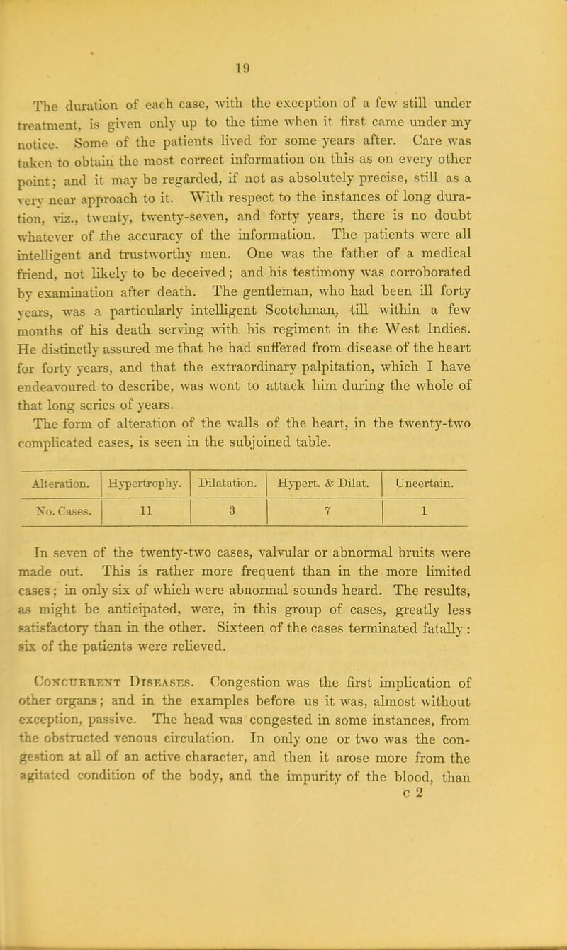 The duration of each case, with the exception of a few still under treatment, is given only np to the time when it first came under my notice. Some of the patients lived for some years after. Care was taken to obtain the most correct information on this as on every other point; and it may be regarded, if not as absolutely precise, still as a vers- near approach to it. With respect to the instances of long dura- tion, viz., twent)', twenty-seven, and forty years, there is no doubt whatever of the acciiracy of the information. The patients were all inteUigent and trustworthy men. One was the father of a medical friend, not likely to be deceived; and his testimony was corroborated by examination after death. The gentleman, who had been ill forty years, was a particularly intelligent Scotchman, till within a few months of his death serving mth his regiment in the West Indies. He distinctly assured me that he had suflPered from disease of the heart for forty years, and that the extraordinary palpitation, which I have endeavoured to describe, was wont to attack him dui-ing the whole of that long series of years. The form of alteration of the walls of the heart, in the twenty-two complicated cases, is seen in the subjoined table. Alteration. H\-pertroj)hy. Dilatation. Hypert. & Dilat. Uncertain. No. Cases. 11 3 7 1 In seven of the twenty-two cases, valvular or abnormal bruits were made out. This is rather more frequent than in the more limited cases; in only six of which were abnormal soimds heard. The results, as might be anticipated, were, in this group of cases, greatly less satisfactor}' than in the other. Sixteen of the cases terminated fatally : six of the patients were relieved. CoiTCtrKKENT DISEASES. Congestion was the first implication of other organs; and in the examples before us it was, almost without exception, passive. The head was congested in some instances, from the obstructed venous circulation. In only one or two was the con- gestion at all of an active character, and then it arose more from the agitated condition of the body, and the impurity of the blood, than c 2