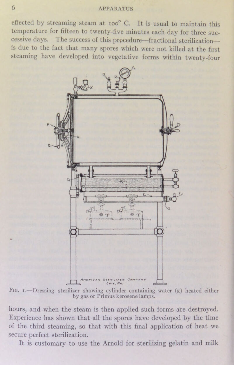 effected by streaming steam at ioo° C. It is usual to maintain this temperature for fifteen to twenty-five minutes each day for three suc- cessive days. The success of this prpeedure—fractional sterilization— is due to the fact that many spores which were not killed at the first steaming have developed into vegetative forms within twenty-four Fig. i.—Dressing sterilizer showing cylinder containing water (k) heated either by gas or Primus kerosene lamps. hours, and when the steam is then applied such forms are destroyed. Experience has shown that all the spores have developed by the time of the third steaming, so that with this final application of heat we secure perfect sterilization. It is customary to use the Arnold for sterilizing gelatin and milk