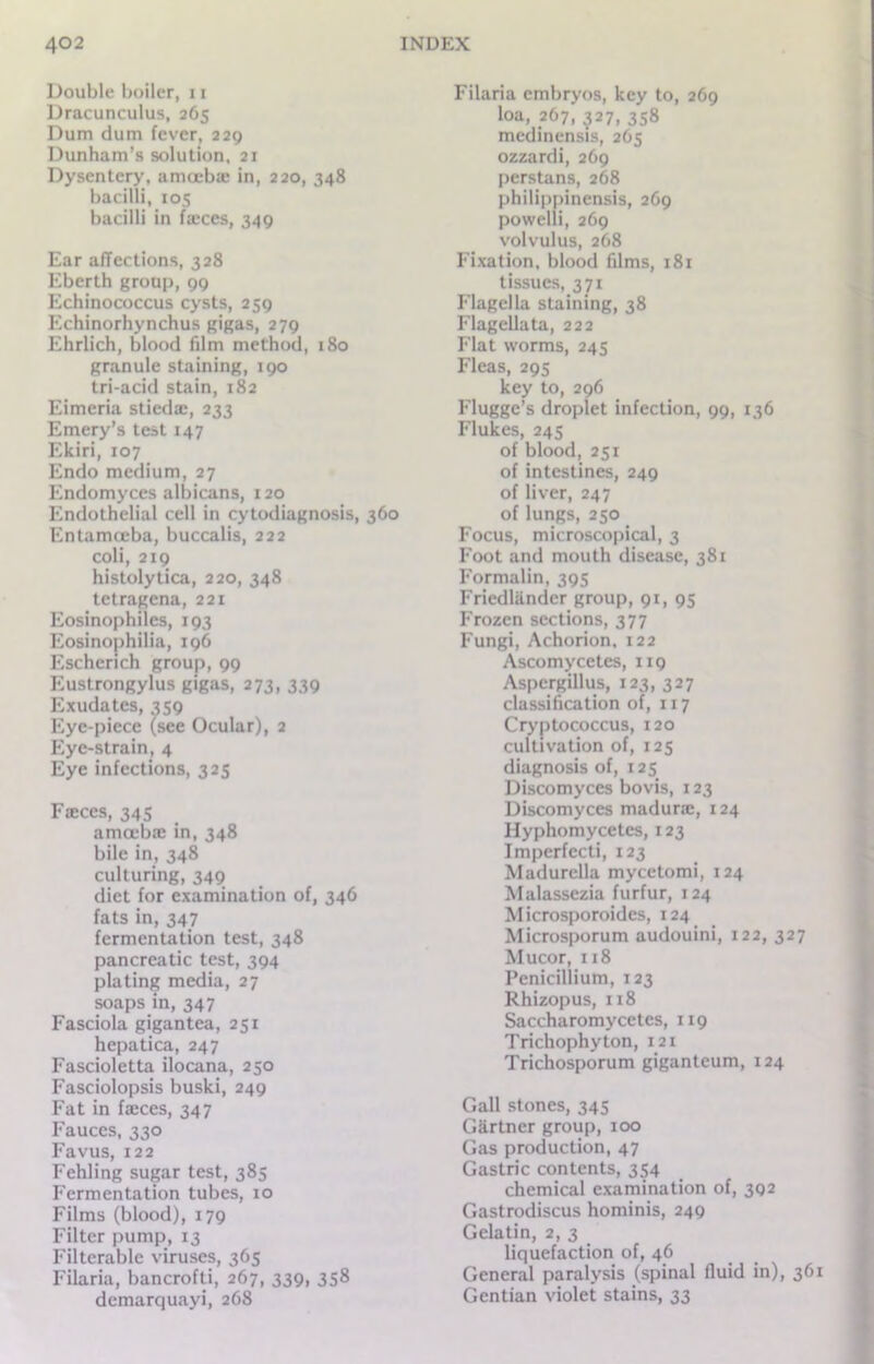 Double boiler, x i Dracunculus, 265 Dum dum fever, 229 Dunham’s solution, 21 Dysentery, amoebae in, 220, 348 bacilli, 105 bacilli in faeces, 349 Ear affections, 328 Eberth group, 99 Echinococcus cysts, 259 Echinorhynchus gigas, 279 Ehrlich, blood film method, 180 granule staining, 190 tri-acid stain, 182 Eimeria stiedae, 233 Emery’s test 147 Ekiri, 107 Endo medium, 27 Endomyces albicans, 120 Endothelial cell in cytodiagnosis, 360 Entamceba, buccalis, 222 coli, 219 histolytica, 220, 348 tetragena, 221 Eosinophiles, 193 Eosinophilia, 196 Escherich group, 99 Eustrongylus gigas, 273, 339 Exudates, 359 Eye-piece (see Ocular), 2 Eye-strain, 4 Eye infections, 325 Faeces, 345 amoebae in, 348 bile in, 348 culturing, 349 diet for examination of, 346 fats in, 347 fermentation test, 348 pancreatic test, 394 plating media, 27 soaps in, 347 Fasciola gigantea, 251 hepatica, 247 Fascioletta ilocana, 250 Fasciolopsis buski, 249 Fat in faeces, 347 Fauces, 330 Favus, 122 Fehling sugar test, 385 Fermentation tubes, 10 Films (blood), 179 Filter pump, 13 Filterable viruses, 365 Filaria, bancrofti, 267, 339, 358 demarquayi, 268 Filaria embryos, key to, 269 loa, 267, 327, 358 medinensis, 265 ozzardi, 269 perstans, 268 philippinensis, 269 powelli, 269 volvulus, 268 Fixation, blood films, 181 tissues, 371 Flagella staining, 38 Flagellata, 222 Flat worms, 245 Fleas, 295 key to, 296 Flugge’s droplet infection, 99, 136 Flukes, 245 of blood, 251 of intestines, 249 of liver, 247 of lungs, 250 Focus, microscopical, 3 Foot and mouth disease, 381 Formalin, 395 Friedlandcr group, 91, 95 Frozen sections, 377 Fungi, Achorion. 122 Ascomycetes, 119 Aspergillus, 123, 327 classification of, 117 Cryptococcus, 120 cultivation of, 125 diagnosis of, 125 Discomyces bovis, 123 Discomyces madurae, 124 Hyphomycetes, 123 Imperfecti, 123 Madurella mycetomi, 124 Malassezia furfur, 124 Microsporoides, 124 Microsporum audouini, 122, 327 Mucor, 118 Penicillium, 123 Rhizopus, 118 Saccharomycetes, 119 Trichophyton, 121 Trichosporum giganteum, 124 Gall stones, 345 Gartner group, 100 Gas production, 47 Gastric contents, 354 chemical examination of, 392 Gastrodiscus hominis, 249 Gelatin, 2, 3 liquefaction of, 46 General paralysis (spinal fluid in), 361 Gentian violet stains, 33