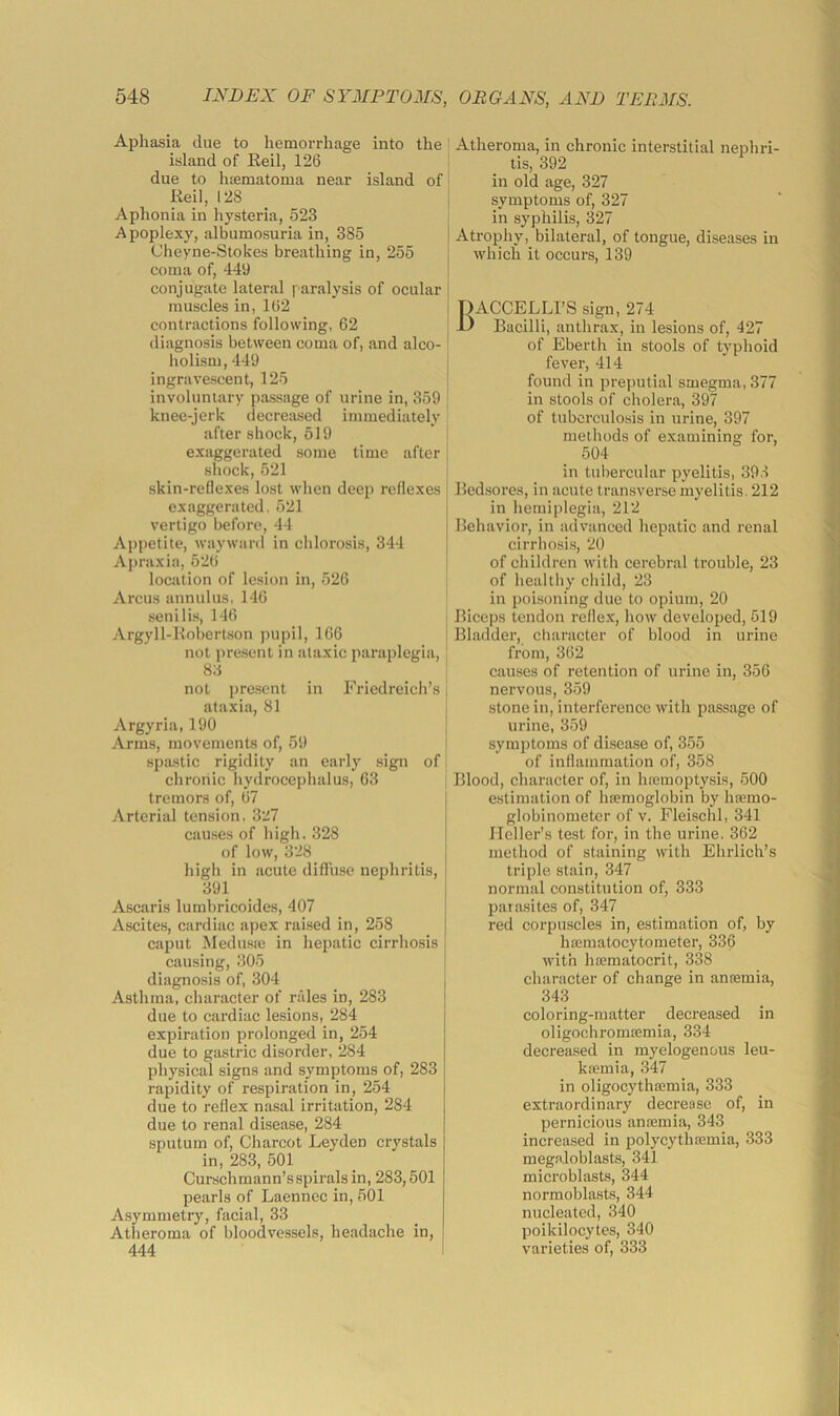 Aphasia due to hemorrhage into the island of Keil, 126 due to hoematoma near island of Keil, 128 Aphonia in hysteria, 523 Apoplexy, albumosuria in, 385 Cheyne-Stokes breathing in, 255 coma of, 449 conjugate lateral paralysis of ocular muscles in, 162 contractions following, 62 diagnosis between coma of, and alco- holism, 449 ingravescent, 125 involuntary passage of urine in, 359 knee-jerk decreased immediately after shock, 519 exaggerated some time after shock, 521 skin-reflexes lost when deep reflexes exaggerated, 521 vertigo before, 44 Appetite, wayward in chlorosis, 344 Apraxia, 526 location of lesion in, 526 Arcus annulus, 146 senilis, 146 Argyll-KoberLson pupil, 166 not j)re,sent in ataxic paraplegia, 83 not present in Friedreich’s ataxia, 81 Argyria, 190 Arras, movements of, 59 spastic rigidity an early sign of cliroriic liydroceplialus, 63 tremors of, 67 Arterial tension, 327 causes of high, 328 of low, 328 high in acute difTuse nephritis, 391 Ascaris lumbricoides, 407 Ascites, cardiac apex raised in, 258 caput Meduste in hepatic cirrhosis causing, 305 diagnosis of, 304 Asthma, character of rales in, 283 due to cardiac lesions, 284 expiration prolonged in, 254 due to gastric disorder, 284 physical signs and symptoms of, 283 rapidity of respiration in, 254 due to reflex nasal irritation, 284 due to renal disease, 284 sputum of, Charcot Leyden crystals in, 283, 501 Cursch mann’s spirals in, 283,501 pearls of Laennec in, 501 Asymmetry, facial, 33 Atheroma of bloodvessels, headache in, 444 Atheroma, in chronic interstitial nephri- tis, 392 in old age, 327 symptoms of, 327 in syphilis, 327 Atrophy, bilateral, of tongue, diseases in which it occurs, 139 TIACCELLI’S sign, 274 -L) Bacilli, anthrax, in lesions of, 427 of Eberth in stools of typhoid fever, 414 found in preputial smegma, 377 in stools of cholera, 397 of tuberculosis in urine, 397 methods of examining for, 504 in tubercular pyelitis, 393 Bedsores, in acute transverse myelitis, 212 in hemiplegia, 212 Behavior, in advanced hepatic and renal cirrhosis, 20 of children with cerebral trouble, 23 of healthy child, 23 in poisoning due to opium, 20 Biceps tendon reflex, how developed, 519 Bladder, character of blood in urine from, 362 causes of retention of urine in, 356 nervous, 359 stone in, interference with passage of urine, 359 symptoms of disease of, 355 of inflammation of, 358 Blood, character of, in hremoptysis, 500 estimation of hsemoglobin by hsemo- globinometcr of v. Fleischl, 341 Heller’s test for, in the urine, 362 method of staining with Ehrlich’s triple stain, 347 normal constitution of, 333 parasites of, 347 red corpuscles in, estimation of, by harmatocytometer, 336 with hsematocrit, 338 character of change in ansemia, 343 coloring-matter decreased in oligochromtemia, 334 decreased in myelogenous leu- kmmia, 347 in oligocythaemia, 333 extraordinary decrease of, in pernicious anaemia, 343 increased in polycythaemia, 333 megaloblasts, 341 microblasts, 344 normoblasts, 344 nucleated, 340 poikilocytes, 340 varieties of, 333