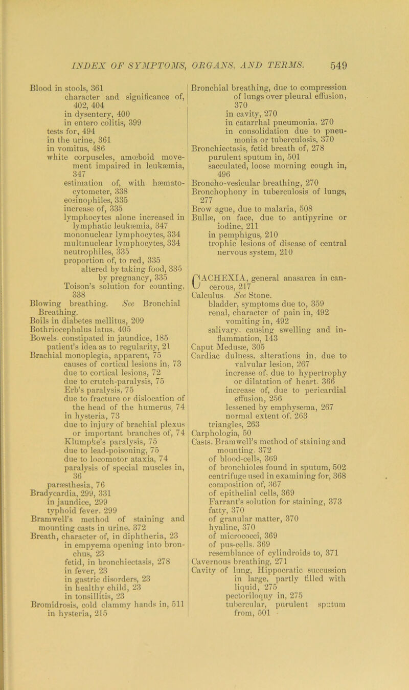 Blood in stools, 361 character and significance of, 402, 404 in dysentery, 400 in entero colitis, 399 tests for, 494 in the urine, 361 in vomitus, 4S6 white corpuscles, amoeboid move- ment impaired in leukaemia, 347 estimation of, with haemato- cytometer, 338 eosinophiles, 335 increase of, 335 lymphocytes alone increased in lymphatic leukaemia, 347 mononuclear lymphocytes, 334 multinuclear lymphocytes, 334 neutrophiles, 335 proportion of, to red, 335 altered by taking food, 335 by pregnancy, 335 Toison’s solution for counting 338 Blowing breathing. See Bronchial Breathing. Boils in diabetes mellitus, 209 Bothriocephalus latus, 405 Bowels, constipated in jaundice, 185 patient’s idea as to regularity, 21 Brachial monoplegia, apparent, 75 causes of cortical lesions in, 73 due to cortical lesions, 72 due to crutch-paralysis, 75 Erb’s paralysis, 75 due to fracture or dislocation of the head of the humerus, 74 in hysteria, 73 due to injury of brachial ple.vus or important branches of, 74 Klumpke’s paralysis, 75 due to lead-poisoning, 75 due to locomotor ata.via, 74 paralysis of special muscles in, 36 pai-iesthesia, 76 Bradycardia, 299, 331 in jaundice, 299 typhoid fever. 299 Bramwell’s method of staining and mounting casts in urine, 372 Breath, character of, in dif)htheria, 23 in empyema opening into bron- chus, 23 fetid, in bronchiectasis, 278 in fever, 23 in gastric disorders, 23 in healthy child, 23 in tonsillitis, 23 Bromidrosis, cold clammy hands in, 511 in hysteria, 215 t Bronchial breathing, due to compression I of lungs over pleural efi’usion, 370 in cavity, 270 in catarrhal pneumonia, 270 in consolidation due to pneu- monia or tuberculosis, 370 Bronchiectasis, fetid breath of, 278 purulent sputum in, 501 saccidated, loose morning cough in, 496 Broncho-vesicular breathing, 270 Bronchophony in tuberculosis of lungs, 277 Brow ague, due to malaria, 508 Bullse, on face, due to antipyrine or iodine, 211 in pemphigus, 210 trophic lesions of disease of central nervous system, 210 Cachexia, general anasarca in can- cerous, 217 Calculus. See Stone. bladder, symptoms due to, 359 renal, character of pain in, 492 vomiting in, 492 salivary, causing swelling and in- flammation, 143 Caput Medusae, 305 Cardiac dulness, alterations in, due to valvular lesion, 267 increa.se of, due to hypertrophy or dilatation of heart. 366 increase of, due to pericardial effusion, 256 lessened by emphysema, 267 normal extent of, 263 triangles, 263 Carphologia, 50 Casts, Brarawell’s method of staining and mounting. 372 of blood-cells, 369 of bronchioles found in sputum, 502 centrifuge used in examining for, 368 composition of, 367 of epithelial cells, 369 Farrant’s .solution for staining, 373 fatty, 370 of granular matter, 370 hyaline, 370 of micrococci, 369 of pus-cells. 369 resemblance of cylindroids to, 371 Cavernous breathing, 271 Cavity of lung, Hippocratic succussion in large, partly filled with liquid, 275 pectoriloquy in, 275 tuliercular, purulent sputum from, 501 •