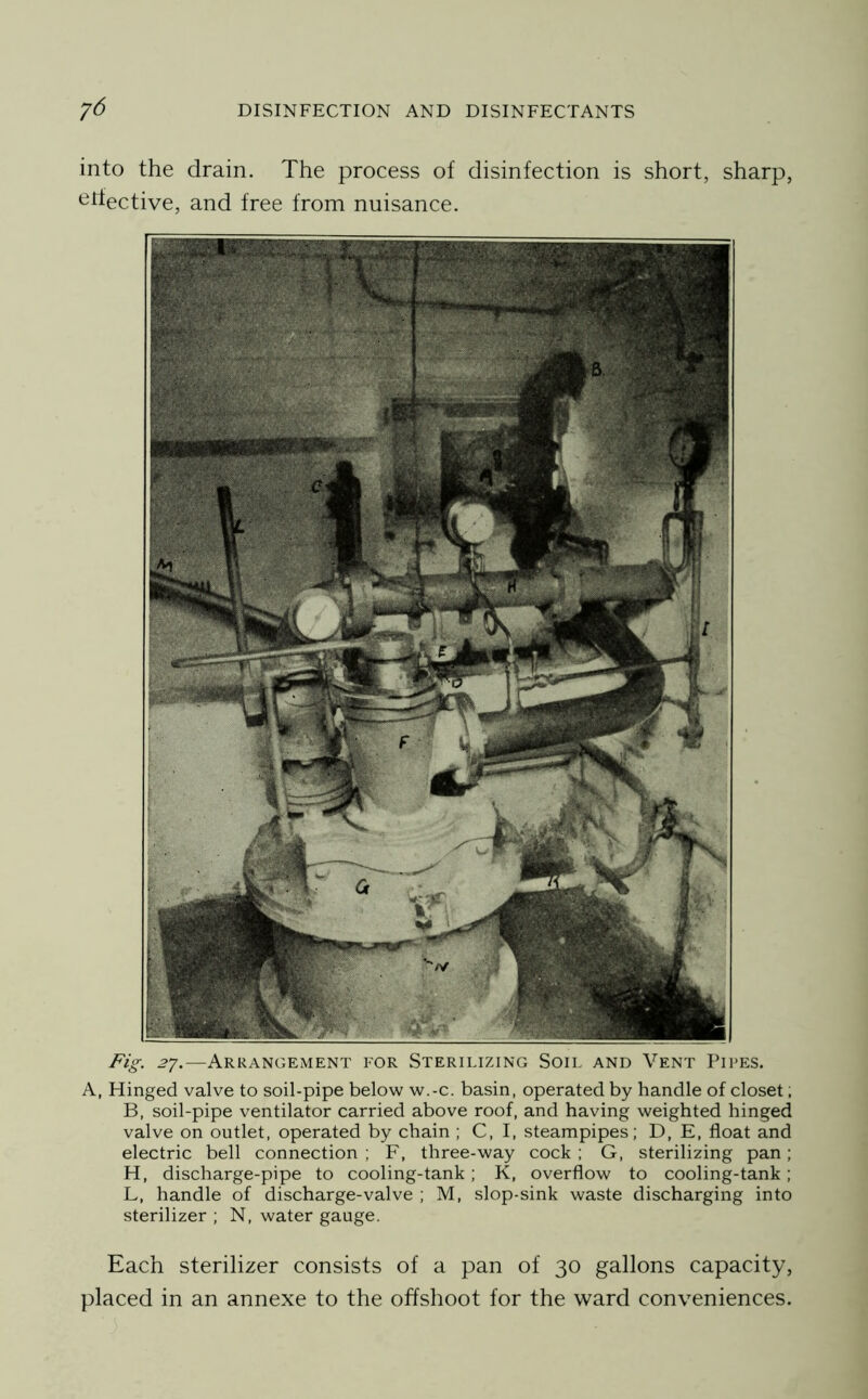 into the drain. The process of disinfection is short, sharp, ‘^hective, and free from nuisance. Fig. 57.—Arrangement for Sterilizing Soil and Vent Pipes. A, Hinged valve to soil-pipe below w.-c. basin, operated by handle of closet; B, soil-pipe ventilator carried above roof, and having weighted hinged valve on outlet, operated by chain ; C, I, steampipes; D, E, float and electric bell connection ; F, three-way cock ; G, sterilizing pan; H, discharge-pipe to cooling-tank; K, overflow to cooling-tank; L, handle of discharge-valve ; M, slop-sink waste discharging into sterilizer ; N, water gauge. Each sterilizer consists of a pan of 30 gallons capacity, placed in an annexe to the offshoot for the ward conveniences.