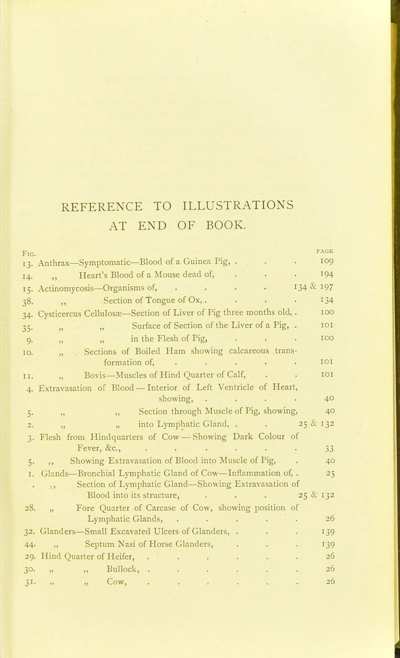 REFERENCE TO ILLUSTRATIONS AT END OF BOOK. Fig. •'•'^^e 13. Anthrax—Symptomatic—Blood of a Guinea Pig, . . . 109 14. „ Heart's Blood of a Mouse dead of, . . .194 15. Actinomycosis—Organisms of, .... 134 & I97 38. ,, Section of Tongue of Ox,. . . . 134 34. Cysticercus Cellulosx—Section of Liver of Pig three months old, . 100 3^. „ „ Surface of Section of the Liver of a Pig, . loi 9. „ „ in the Flesh of Pig, . . • 100 10. „ Sections of Boiled Hain showing calcareous trans- formation of, . . . . • lOI 11. „ Bovis—Muscles of Hind Quarter of Calf, . . loi 4. Extravasation of Blood — Interior of Left Ventricle of Heart, showing, .... 40 5. „ ,, Section through Muscle of Pig, showing, 40 2. ,, „ into Lymphatic Gland, . . 25 & 132 3. Flesh from Hindquarters of Cow — Showing Dark Colour of Fever, &c., ...... 33 5. ,, Showing Extravasation of Blood into Muscle of Pig, . 40 I. Glands—Bronchial Lymphatic Gland of Cow—Inflammation of, . 25 ,, Section of Lymphatic Gland—Showing Extravasation of Blood into its structure, . . . 25 & 132 28. „ Fore Quarter of Carcase of Cow, showing position of Lymphatic Glands, ..... 26 32. Glanders—Small Excavated Ulcers of Glanders, . . . 139 44. „ Septum Nasi of Horse Glanders, . . . 139 29. Hind Quarter of Heifer, ...... 26 30. „ ,, Bullock, ...... 26 31. „ „ Cow, ...... 26