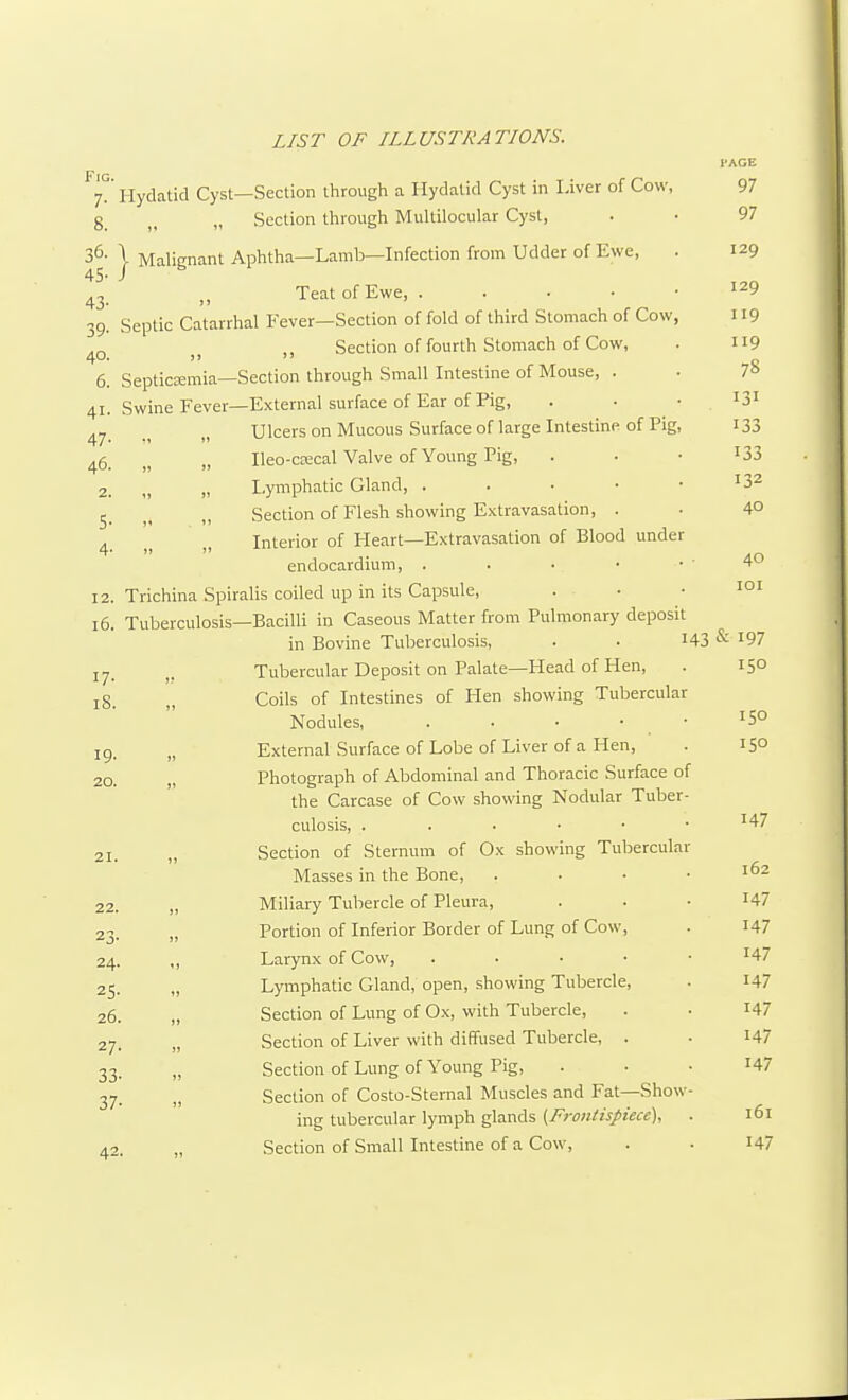 Fig. 1- 8. 36. 45- 43' 39- 40. 6. 41. 47- 46. 2. 5- 4- 12. 16. 17- 18. 19- 20. 22. 23- 24. 25- 26. 27. 33. 37. 42 LIST OF ILLUSTRATIONS. Hydatid Cyst—Section tlirough a Hydatid Cyst in I-iver of Cow, „ Section through Multilocular Cyst, I Malignant Aphtha—Lamb—Infection from Udder of Ewe, Teat of Ewe, . . . ■ Septic Catarrhal Fever—Section of fold of third Stomach of Cow Section of fourth Stomach of Cow, Septicemia-Section through Small Intestine of Mouse, . Swine Fever—External surface of Ear of Pig, Ulcers on Mucous Surface of large Intestine of Pig. „ Ileo-ccEcal Valve of Young Pig, ,j „ Lymphatic Gland, . . • • Section of Flesh showing Extravasation, . Interior of Heart—Extravasation of Blood under endocardium, . . . ■ Trichina Spiralis coiled up in its Capsule, Tuberculosis—Bacilli in Caseous Matter from Pulmonary deposit in Bovine Tuberculosis, . . I43 Tubercular Deposit on Palate—Head of Hen, Coils of Intestines of Hen showing Tubercular Nodules, . • • • „ External Surface of Lobe of Liver of a Hen, Photograph of Abdominal and Thoracic Surface of the Carcase of Cow showing Nodular Tuber culosis, . . . • • Section of Sternum of Ox showing Tuberculai Masses in the Bone, „ Miliary Tubercle of Pleura, „ Portion of Inferior Border of Lung of Cow, ,, Larynx of Cow, . . . • „ Lymphatic Gland, open, showing Tubercle, „ Section of Lung of Ox, with Tubercle, „ Section of Liver with diffused Tubercle, . „ Section of Lung of Young Pig, Section of Costo-Sternal Muscles and Fat—Show ing tubercular lymph glands {Frontispiece), Section of Small Intestine of a Cow, I'AGE 97 97 129 129 119 119 78 131 133 133 132 40 40 lOI & 197 150 150 150 147 162 147 147 147 147 147 147 147 161 147