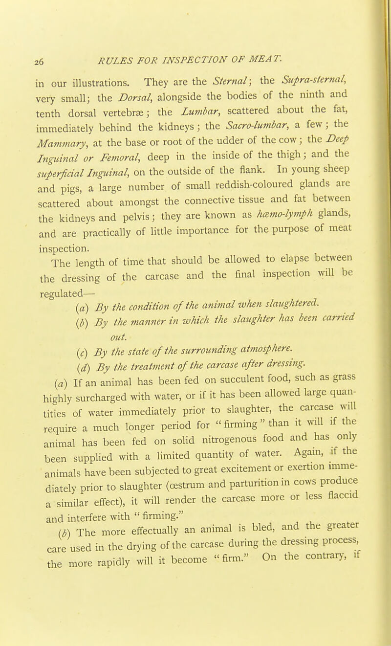 in our illustrations. They are the Sternal; the Supra-siertial, very small; the Dorsal, alongside the bodies of the ninth and tenth dorsal vertebrje; the Lumbar, scattered about the fat, immediately behind the kidneys ; the Sacro-lumbar, a few; the Mammary, at the base or root of the udder of the cow; the Beep Inguinal or Femoral, deep in the inside of the thigh; and the superficial Inguinal, on the outside of the flank. In young sheep and pigs, a large number of small reddish-coloured glands are scattered about amongst the connective tissue and fat between the kidneys and pelvis; they are known as hamo-lymph glands, and are practically of little importance for the purpose of meat inspection. The length of time that should be allowed to elapse between the dressing of the carcase and the final inspection will be regulated— {a) By the condition of the animal when slaughtered, {b) By the manner in which the slaughter has been carried out. (f) By the state of the surrounding atmosphere. id) By the treatment of the carcase after dressing, (a) If an animal has been fed on succulent food, such as grass highly surcharged with water, or if it has been allowed large quan- tities of water immediately prior to slaughter, the carcase will require a much longer period for  firming  than it will if the animal has been fed on soHd nitrogenous food and has only been supplied with a limited quantity of water. Again, if the animals have been subjected to great excitement or exertion imme- diately prior to slaughter (oestrum and parturition in cows produce a similar effect), it will render the carcase more or less flaccid and interfere with  firming. (b) The more effectually an animal is bled, and the greater care used in the drying of the carcase during the dressing process the more rapidly will it become  firm. On the contrary, if