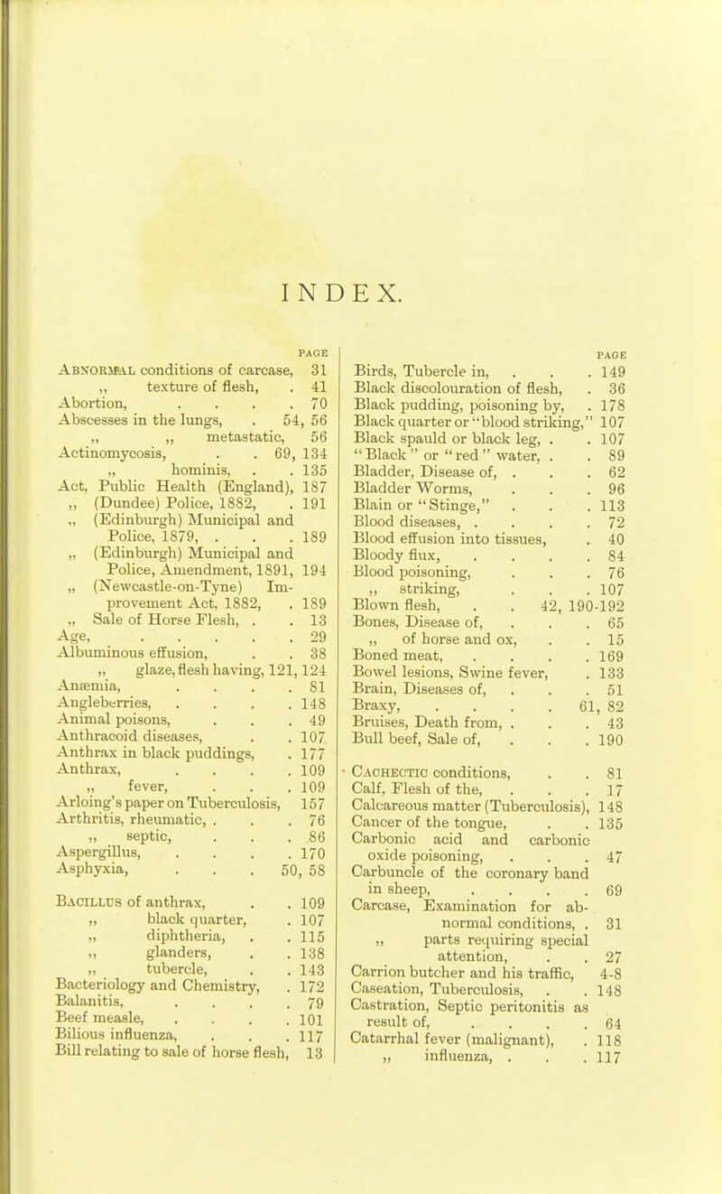 INDEX. PAOE Abn'ORIML conditions of carcase, 31 „ texture of flesh, , 41 Abortion, . . . .70 Abscesses in the lungs, . 54, 56 „ ,, metastatic, 56 Actinomycosis, . . 69, 134 „ hominis, . .135 Act, Public Health (England), 187 „ (Dundee) Police, 1882, . 191 „ (Edinburgh) Municipal and Police, 1879, . . .189 ,, (Edinburgh) Municipal and Police, Amendment, 1891, 194 „ (Newcastle-on-Tyne) Im- provement Act, 1882, . 189 „ Sale of Horse Flesh, . . 13 Age, 29 Albuminous effusion, . . 38 „ glaze, flesh having, 121,124 Aneemia, . . . .81 Angleberries, .... 148 Animal poisons, . . .49 Anthracoid diseases, . . 107 Anthrax in black puddings, . 177 Anthrax, .... 109 ,, _ fever, . . .109 Arloing's paper on Tuberculosis, 157 Arthritis, rheumatic, . . .76 „ septic, . . . 86 Aspergillus, . . . .170 Asphyxia, . . .50, 58 Bacillus of anthrax, . .109 ,, black quarter, . 107 „ diphtheria, . .115 ,, glanders, . . 138 „ tubercle, , .143 Bacteriology and Chemistry, . 172 Balanitis, . . . .79 Beef measle, .... 101 Bilious influenza, . . .117 Bill relating to sale of horse flesh, 13 PAGE Birds, Tubercle in, . . .149 Black discolouration of flesh, . 36 Black pudding, poisoning by, . 178 Black quarter or  blood striking, 107 Black spauld or black leg, . .107  Black  or  red  water, . . 89 Bladder, Disease of, . . . 62 Bladder Worms, . . .96 Blain or Stinge, . . . 113 Blood diseases, . . . .72 Blood effusion into tissues, . 40 Bloody flux, . . . .84 Blood poisoning, . . .76 „ striking, . . .107 Blown flesh, . . 42, 190-192 Bones, Disease of, . . .65 „ of horse and ox, . . 15 Boned meat, . . . .169 Bowel lesions, Swine fever, . 133 Brain, Diseases of, . . .51 Braxy, . . . . 61, 82 Bruises, Death from, . . .43 Bull beef, Sale of, . . . 190 Caoheotio conditions, . .81 Calf, Flesh of the, . . .17 Calcareous matter (Tuberculosis), 148 Cancer of the tongue, . . 135 Carbonic acid and carbonic oxide poisoning, . . .47 Carbuncle of the coronary band in sheep, . . . .69 Carcase, Examination for ab- normal conditions, . 31 „ parts requiring special attention, . . 27 Carrion butcher and his traffic, 4-8 Caseation, Tuberculosis, . . 148 Castration, Septic peritonitis as result of, .... 64 Catarrhal fever (malignant), . 118 ,, influenza, . . . 117