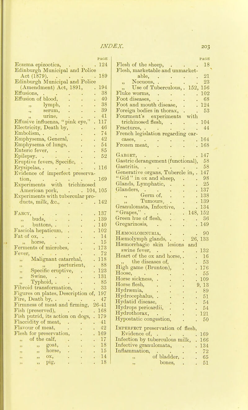 PAGE Eczema epizootica, . . . 124 Edinburgh Municipal and Police Act (1879) 1S9 Edinburgh Municipal and Police (Amendment) Act, 1891, . 19-1 Effusions 38 Effusion of blood, . . .40 ,, lymph, . . .38 ,, serum, . . .39 „ urine, . . .41 Effusive influenza,  pink eye, . 117 Electricity, Death by, . . 46 Embolism, 74 Emphysema, General, . . 42 Emphysema of lungs, . . 54 Enteric fever, . . . .85 Epilepsy 52 Eruptive fevers, Specific, . Erysipelas, 116 E\adence of imperfect preserva- tion, 169 Experiments with trichinosed American pork, . . 104, 105 Experiments \vith tubercular pro- ducts, milk, &o., . . . 142 Farcy, 137 „ buds, . . . .139 ,, buttons, . . . .140 Fasciola hepaticwm, . . . 102 Fat of ox 14 „ horse, . . . .15 Ferments of microbes, . . 173 Fever, 72 „ Malignant catarrhal, . 118 ,. „ parturient, . 88 ,, Specific eruptive, . . 123 „ Swine 131 „ Typhoid 85 Fibroid transformation, . , 33 Figures on plates. Description of, 197 Fire, Death by, . . . .47 Firrrmess of meat and firming, 26-41 Fish (preserved), . . . 168 Fish putrid, its action on dogs, . 179 Flaocidity of meat, . . .41 Flavour of meat, . . .42 Flesh for preservation, . . 169 „ of the calf, . . .17 ,, goat, . . .18 „ horse, . . .15 „ „ ox, ... 14 „ pig, . . .18 PAflK Flesh of the sheep, . . .18 Flesh, marketable and unmarket- able 21 „ Nocuous 23 „ Use of Tuberculous,. 152, 156 Fluke worms, .... 102 Foot diseases, . . . .68 Foot and mouth disease, . . 124 Foreign bodies in thorax, . . 53 Fourment's experiments with trichinosed flesh, . . .104 Fractures, ..... 44 French legislation regarding car- cases, 164 Frozen meat 168 Garget, 147 Gastric derangement (functional), 58 Gastritis, ... . . 58 Generative organs. Tubercle in, . 147  Gid  in ox and sheep, . . 98 Glands, Lymphatic, . . .25 Glanders, 137 Germ of, . . . 138 Tumours, . . .139 Granulomata, Infective, . .134 Grapes, .... 148, 152 Green hue of flesh, . . .36 Gregarinosis, .... 149 HaiMOGLOBINUKIA, . . .90 HfEmolymph glands, . . 26, 133 Hsemorrhagic skin lesions and swine fever, .... 132 Heart of the ox and horse, . .16 „ the diseases of, . . 53 Sigh game (Brunton), . . 176 Hoose, ..... 55 Horse sickness, .... 109 Horse flesh, . . . 9, 13 HydrEemia, . . . .89 Hydrocephalus, . . . .51 Hydatid disease, . . .54 Hydrops pericardii, . . .54 Hydrothorax, .... 121 Hypostatic congestion, . . 50 IjrPERFECT preservation of flesh. Evidence of, . . . . 169 Infection by tuberculous milk, . 166 Infective granulomata, . . 134 Inflammation 72 „ of bladder, . . 65 n bones, . . 51