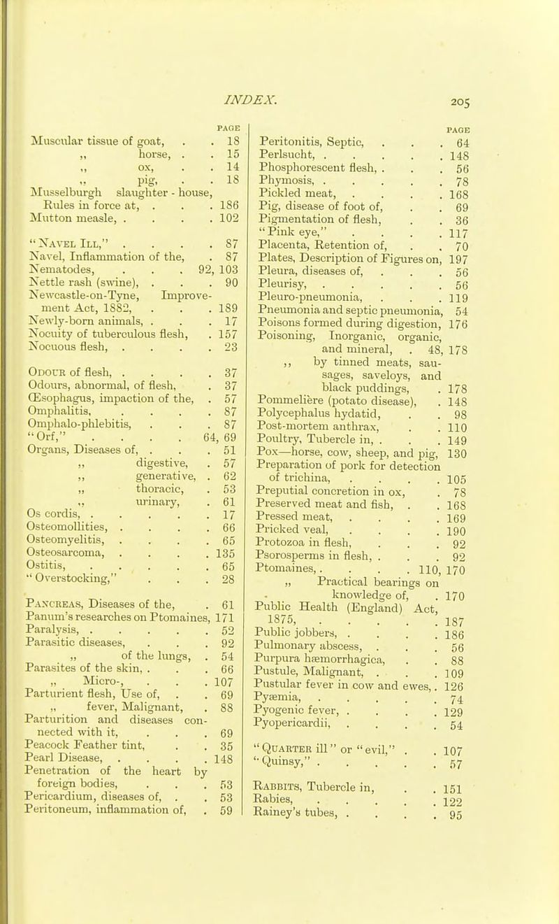 Muscular tissue of goat, „ horse, . „ ox, pig, ^Iui5selburgh slaughter - house, Rules in force at, . Mutton measle, .... 18 15 U 18 186 102 Navel III, . . . .87 Xavel, Inflammation of the, . 87 Nematodes, . . .92, 103 Nettle rash (s\vine), . . .90 Newcastle-on-Tyne, Improve- ment Act, 1882, . . .189 Newly-born animals, . . .17 Nocuity of tuberculous flesh, . 157 Nocuous flesh, . . . .23 Odour of flesh, . . . .37 Odours, abnormal, of flesh, . 37 ffisophagus, impaction of the, . 57 Omphalitis, . . . .87 Omphalo-phlebitis, . . .87 Orf, . . . .64,69 Organs, Diseases of, . . .51 „ digestive, . 57 „ generative, . 62 „ thoracic, . 53 ■ , urinai-y, . 61 Os cordis, . . . . .17 Osteomollities, . . . .66 Osteomyelitis, . . . .65 Osteosarcoma, .... 135 Ostitis, 65 Overstocking, . . .28 Paxcrea.s, Diseases of the, . 61 Panum's researches on Ptomaines, 171 Paralysis, 52 Parasitic diseases, . . .92 „ of the lungs, . 54 Parasites of the skin, . . .66 „ Micro-, . . . 107 Parturient flesh. Use of, . . 69 „ fever. Malignant, . 88 Parturition and diseases con- nected with it, . . .69 Peacock Feather tint, . . 35 Pearl Disease, . . . .148 Penetration of the heart by foreign bodies, . . .53 Pericardium, diseases of, . . 53 Peritoneum, inflammation of, . 59 Peritonitis, Septic, Perlsucht, Phosphorescent flesh, . Phymosis, Pickled meat, . . . . Pig, disease of foot of. Pigmentation of flesh, Pink eye, . . . . Placenta, Retention of. Plates, Description of Figures on. Pleura, diseases of, . Pleurisy, . . . . . Pleuro-pneumonia, Pneimionia and septic pneumonia. Poisons formed during digestion. Poisoning, Inorganic, organic, and mineral, . 48, ,, by tinned meats, sau- sages, saveloys, and black puddings, Ponmieliere (potato disease), Polycephalus hydatid, Post-mortem anthrax, Poultry, Tubercle in, . Pox—horse, cow, sheep, and pig. Preparation of pork for detection of trichina, . . . Preputial concretion in ox. Preserved meat and fish. Pressed meat. Pricked veal. Protozoa in flesh, Psorosperms in flesh, . Ptomaines,. . . .110, „ Practical bearings on knowledge of, Public Health (England) Act, 1875, . . . Public jobbers, . Pulmonary abscess, . Purpura hsemorrhagica, Pustule, Mahgnant, . Pustular fever in cow and ewes. Pyaemia, ... Pyogenic fever, . Pyopericardii, Quarter ill or evil,' '•Quinsy, . Rabbits, Tubercle in, Rabies, Rainey's tubes, . PAOE 64 148 56 78 168 69 36 117 70 197 56 56 119 54 176 178 178 148 98 110 149 130 105 78 168 169 190 92 92 170 170 187 186 56 88 109 126 74 129 54 107 57 151 122 95