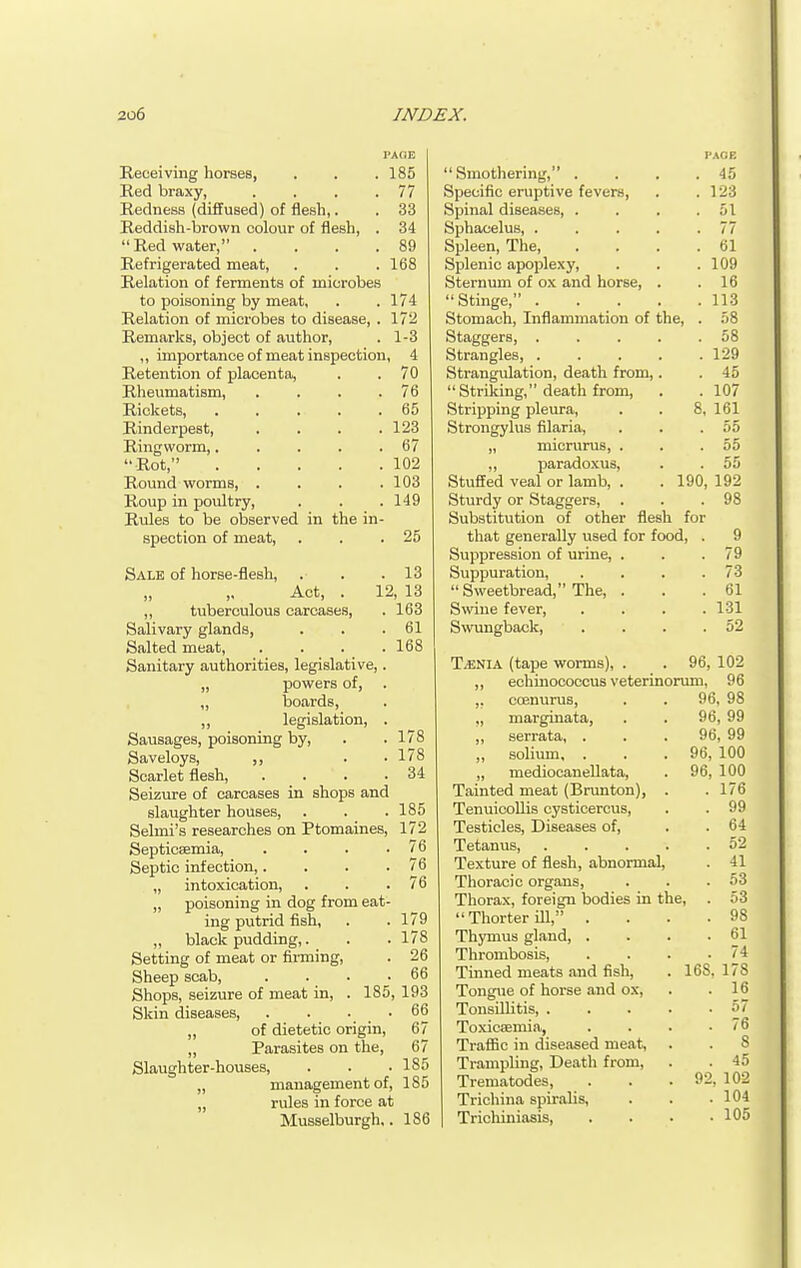 Receiving horses, PAGE 185 Red braxy, .... 77 Redness (diffused) of flesh,. 33 Reddish-brown colour of flesh, . 34  Red water, .... 89 Refrigerated meat, 168 Relation of ferments of microbes to poisoning by meat, 174 Relation of microbes to disease, . 172 Remarks, object of author. 1-3 ,, importance of meat inspection, 4 Retention of placenta. 70 Rheumatism, . . . . 76 Rickets, . . . . . 65 Rinderpest, . . . . 123 Ringworm,. . . . . 67 Rot, 102 Round worms, . . . . 103 Roup in poultry, 149 Rules to be observed in the in- spection of meat. 25 Sale of horse-flesh, 13 Act, . 12, 13 ,, tuberculous carcases. 163 Salivary glands, 61 Salted meat. 168 Sanitary authorities, legislative,. „ powers of, „ boards, ,, legislation, . Sausages, poisoning by, . .178 Saveloys, ,, . .178 Scarlet flesh, . _ . . .34 Seizure of carcases in shops and slaughter houses, . . . 185 Selmi's researches on Ptomaines, 172 Septicaemia 76 Septic infection,. . . .76 „ intoxication, . . .76 „ poisoning in dog from eat- ing putrid fish, . . 179 „ black pudding,. . . 178 Setting of meat or firming, . 26 Sheep scab, . . • .66 Shops, seizure of meat in, . 185, 193 Skin diseases, . . . .66 „ of dietetic origin, 67 „ Parasites on the, 67 Slaughter-houses, . . .185 „ management of, 185 „ rules in force at Musselburgh,. 186 PAGE Smothering, . . . .45 Specific eruptive fevers, . .123 Spinal diseases 51 Sphacelus, 77 Spleen, The 61 Splenic apoplexy, . . .109 Sternum of ox and horse, . .16 Stinge, 113 Stomach, Inflammation of the, . 58 Staggers, . . . . .58 Strangles, . . . . .129 Strangtdation, death from,. . 45 Striking, death from, . . 107 Stripping pleiira, . . 8, 161 Strongylus filaria, . . . 55 „ micrurus, . . .55 ,, paradoxus, . . 55 Stuffed veal or lamb, . . 190, 192 Sturdy or Staggers, . . .98 Substitution of other flesh for that generally used for food, . 9 Suppression of urine, . . .79 Suppuration, . . . .73  Sweetbread, The, . . .61 Swine fever, . . . .131 Swungback, . . . .52 T.ENIA (tape worms), . . 96, 102 ,, echinococcus veterinorum, 96 ,, ccenurus, . . 96, 98 ,, marginata, . . 96, 99 „ serrata, ... 96, 99 „ solium. . . .96, 100 „ mediocanellata, . 96, 100 Tainted meat (Brunton), . . 176 TenuicoUis cysticercus, . . 99 Testicles, Diseases of, . . 64 Tetanus 52 Texture of flesh, abnormal, . 41 Thoracic organs, . . .53 Thorax, foreign bodies in the, . 53 Thorterill, .... 98 Thymus gland, . . . .61 Thrombosis, . . . .74 Tinned meats and fish, . 168, 178 Tongue of horse and ox, . .16 Tonsillitis, 57 Toxicsemia, . . . .76 Traffic in diseased meat, . . 8 Trampling, Death from, . .45 Trematodes, . . . 92, 102 Trichina spiralis, . . .104 Trichiniasis 105