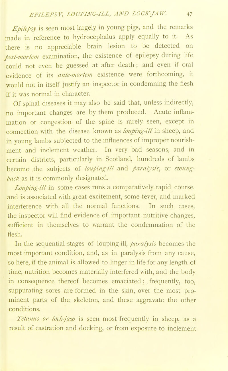 Epilepsy is seen most largely in young pigs, and the remarks made in reference to hydrocephalus apply equally to it. As there is no appreciable brain lesion to be detected on post-mortem examination, the existence of epilepsy during life could not even be guessed at after death; and even if oral evidence of its ante-mortem existence were forthcoming, it would not in itself justify an inspector in condemning the flesh if it was normal in character. Of spinal diseases it may also be said that, unless indirectly, no important changes are by them produced. Acute inflam- mation or congestion of the spine is rarely seen, except in connection with the disease known as louping-ill in sheep, and in young lambs subjected to the influences of improper nourish- ment and inclement weather. In very bad seasons, and in certain districts, particularly in Scotland, hundreds of lambs become the subjects of louping-ill and paralysis, or swung- back as it is commonly designated. Louping-ill in some cases runs a comparatively rapid course, and is associated with great excitement, some fever, and marked interference with all the normal functions. In such cases, the inspector will find evidence of important nutritive changes, sufficient in themselves to warrant the condemnation of the flesh. In the sequential stages of louping-ill, paralysis becomes the most important condition, and, as in paralysis from any cause, so here, if the animal is allowed to linger in life for any length of time, nutrition becomes materially interfered with, and the body in consequence thereof becomes emaciated; frequently, too, suppurating sores are formed in the skin, over the most pro- minent parts of the skeleton, and these aggravate the other conditions. Tetanus or lock-jaiv is seen most frequently in sheep, as a result of castration and docking, or from exposure to inclement